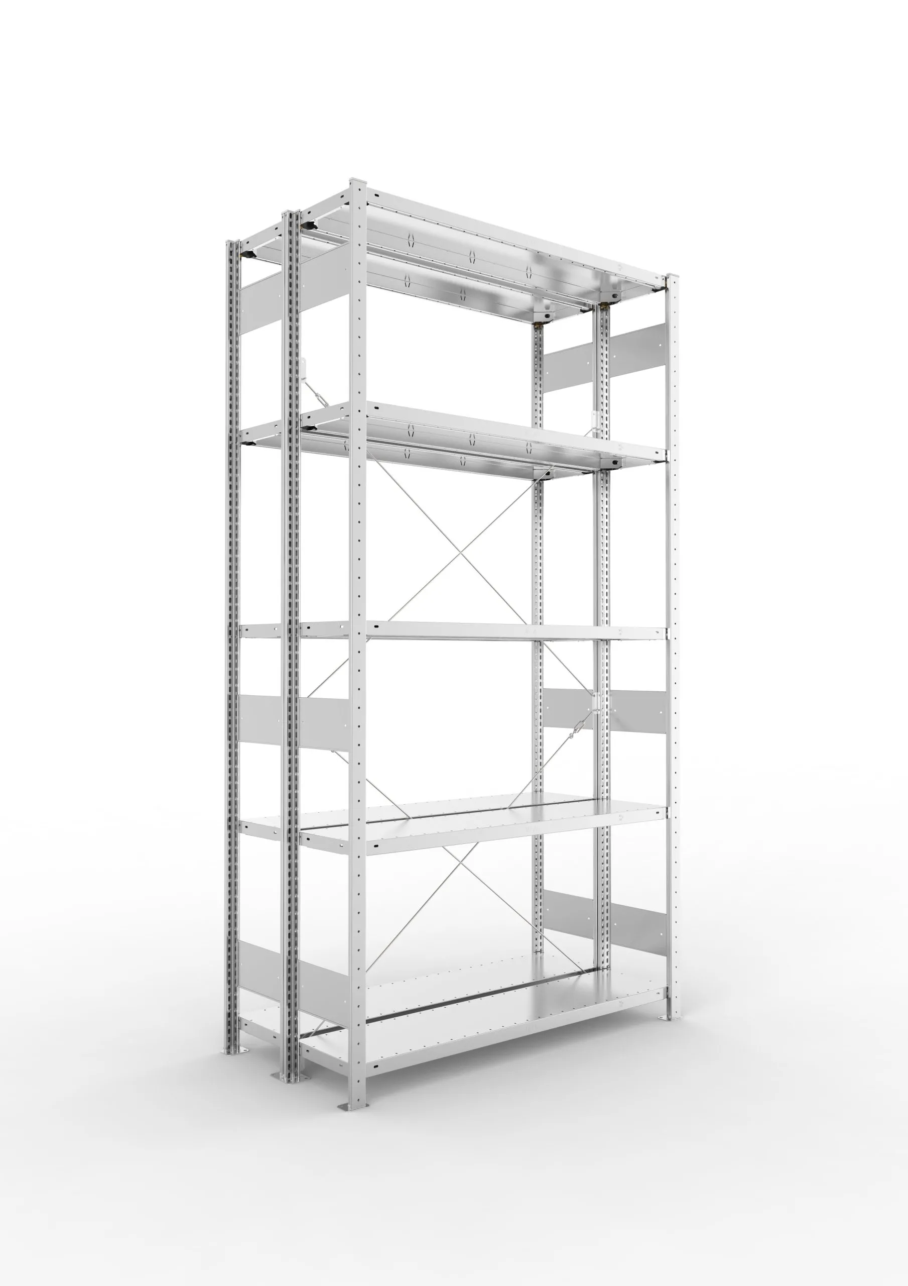 Meta Fachbodenregal Stecksystem CLIP mit vorgefertigten Rahmen | Grundregal | HxBxT 250x130x60cm | 5 Ebenen | Fachlast 230kg | Doppelseitige Bauart mit Diagonalverstrebung | Verzinkt