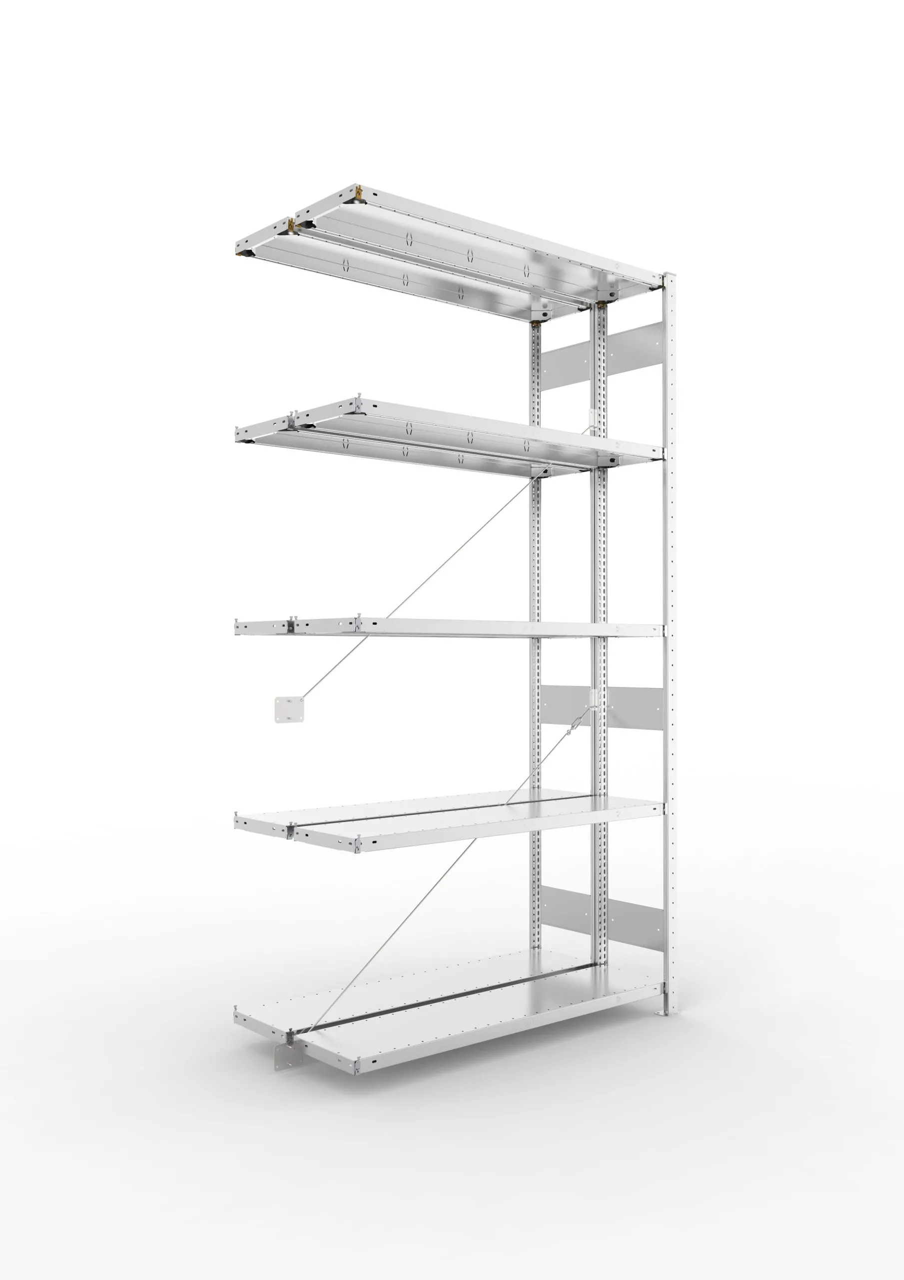 Meta Fachbodenregal Stecksystem CLIP mit vorgefertigten Rahmen | Anbauregal | HxBxT 250x130x60cm | 5 Ebenen | Fachlast 230kg | Doppelseitige Bauart mit Diagonalverstrebung | Verzinkt