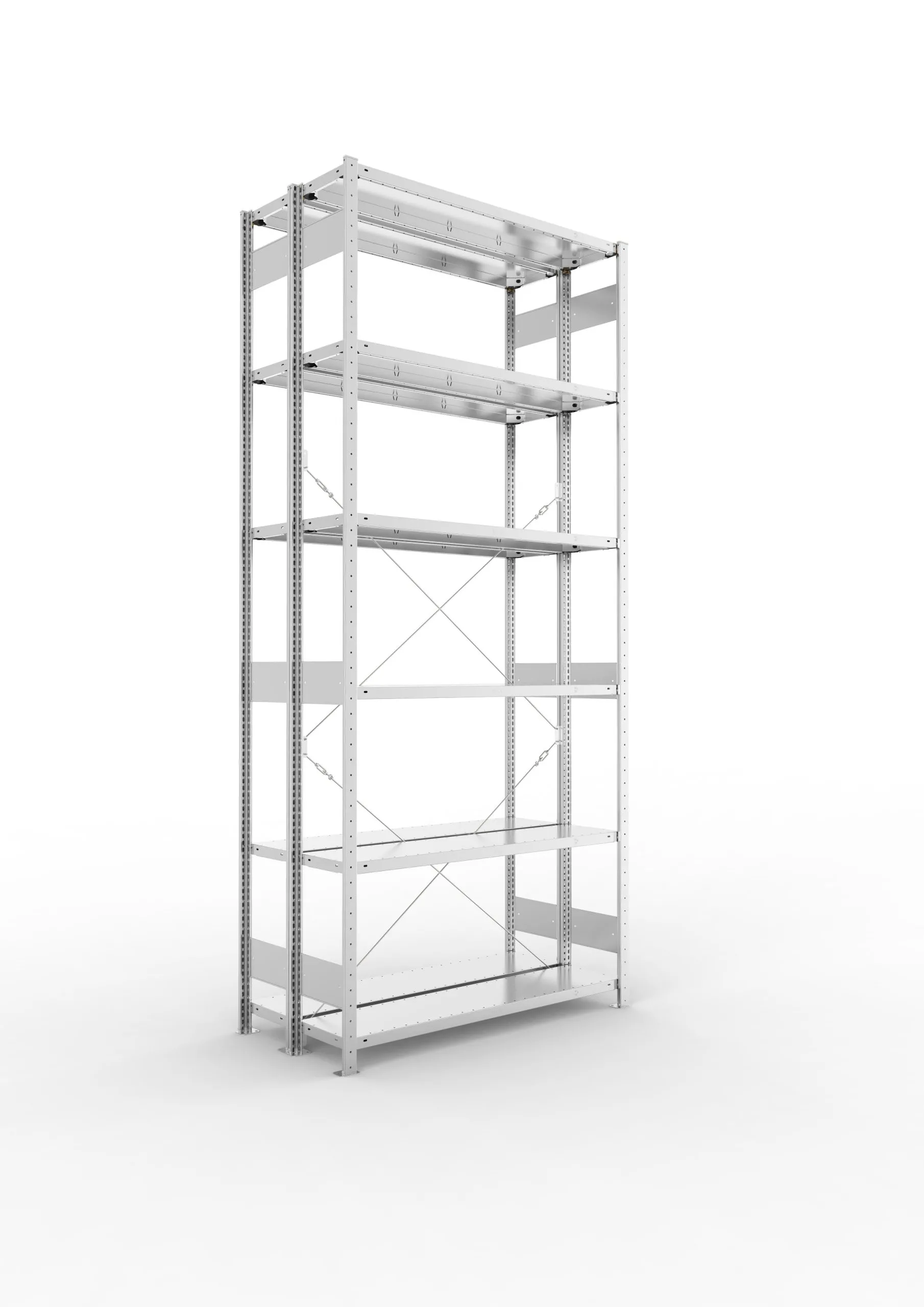 Meta Fachbodenregal Stecksystem CLIP mit vorgefertigten Rahmen | Grundregal | HxBxT 300x130x60cm | 6 Ebenen | Fachlast 230kg | Doppelseitige Bauart mit Diagonalverstrebung | Verzinkt