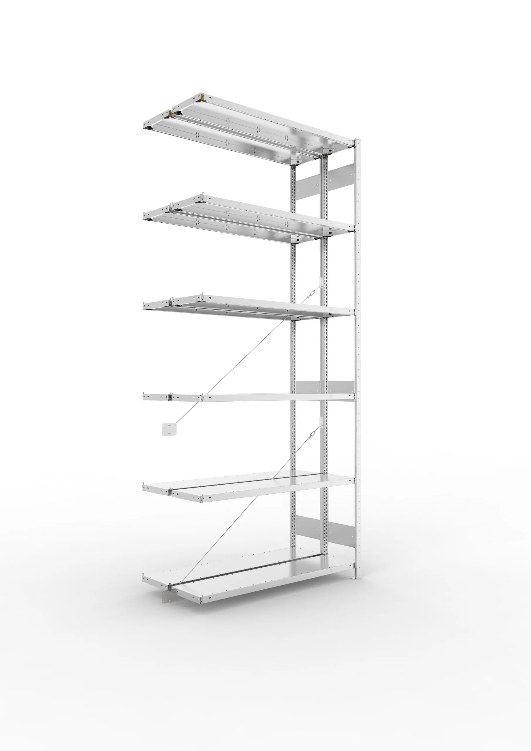 Meta Fachbodenregal Stecksystem CLIP mit vorgefertigten Rahmen | Anbauregal | HxBxT 300x130x60cm | 6 Ebenen | Fachlast 230kg | Doppelseitige Bauart mit Diagonalverstrebung | Verzinkt