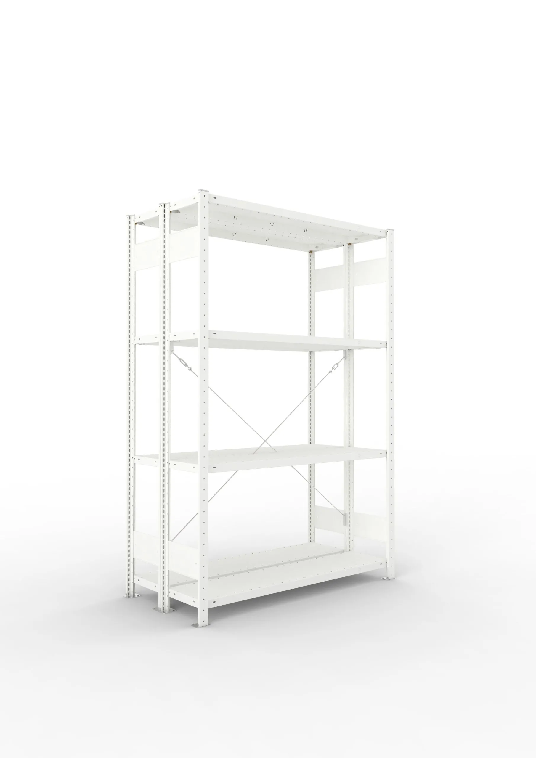 Meta Fachbodenregal Stecksystem CLIP mit vorgefertigten Rahmen | Grundregal | HxBxT 200x130x60cm | 4 Ebenen | Fachlast 230kg | Doppelseitige Bauart mit Diagonalverstrebung | Lichtgrau