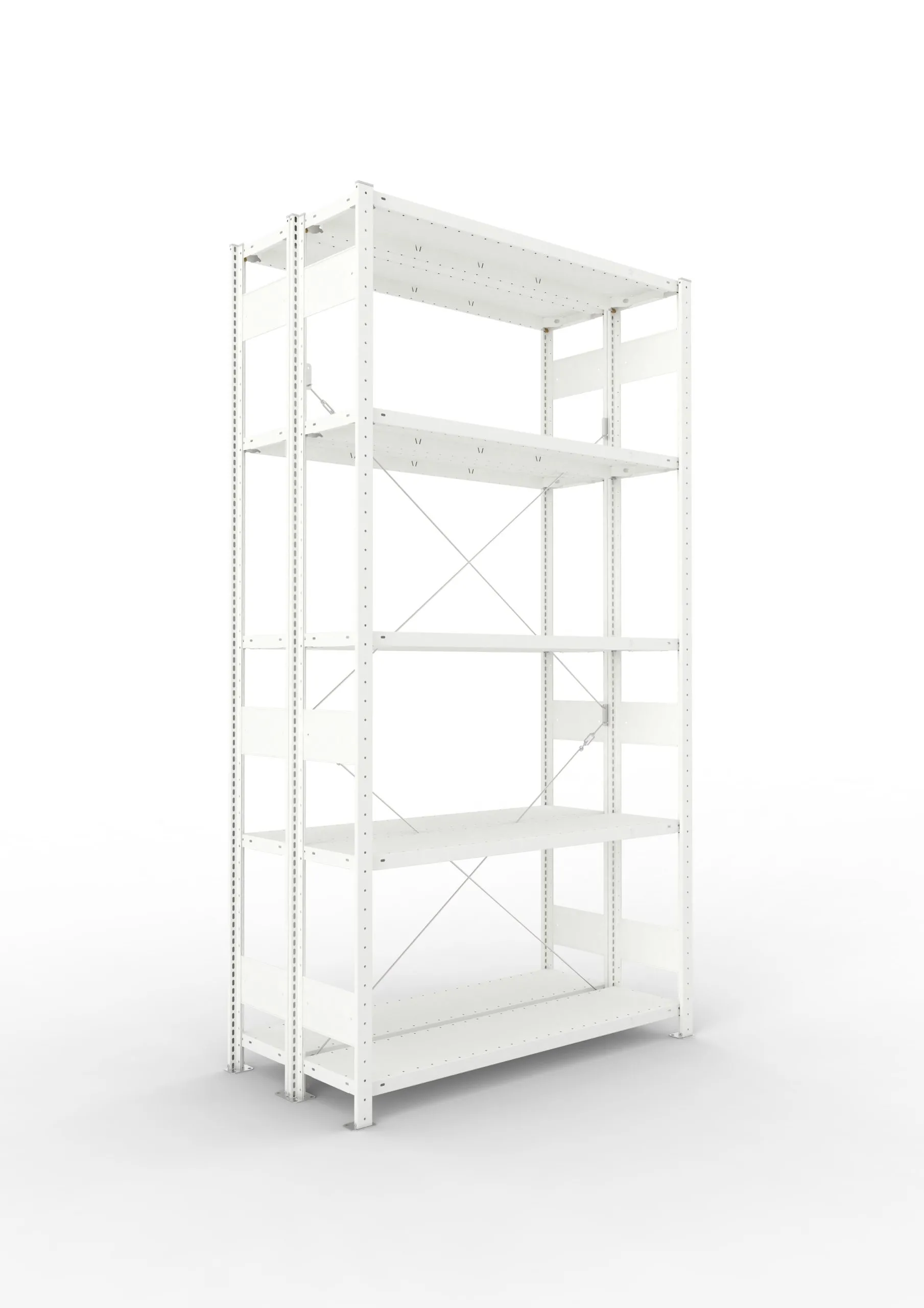 Meta Fachbodenregal Stecksystem CLIP mit vorgefertigten Rahmen | Grundregal | HxBxT 250x130x60cm | 5 Ebenen | Fachlast 230kg | Doppelseitige Bauart mit Diagonalverstrebung | Lichtgrau