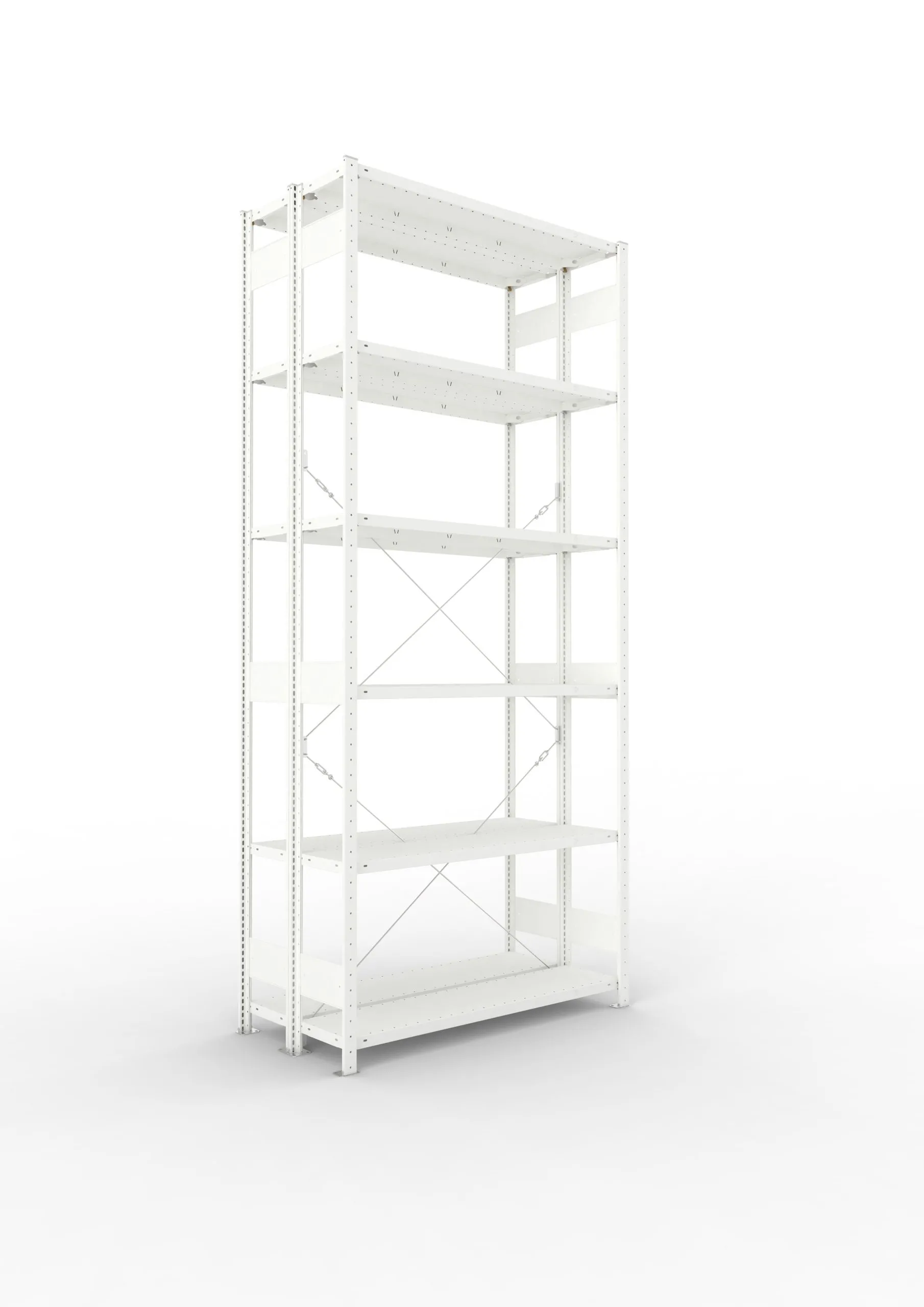 Meta Fachbodenregal Stecksystem CLIP mit vorgefertigten Rahmen | Grundregal | HxBxT 300x130x60cm | 6 Ebenen | Fachlast 230kg | Doppelseitige Bauart mit Diagonalverstrebung | Lichtgrau