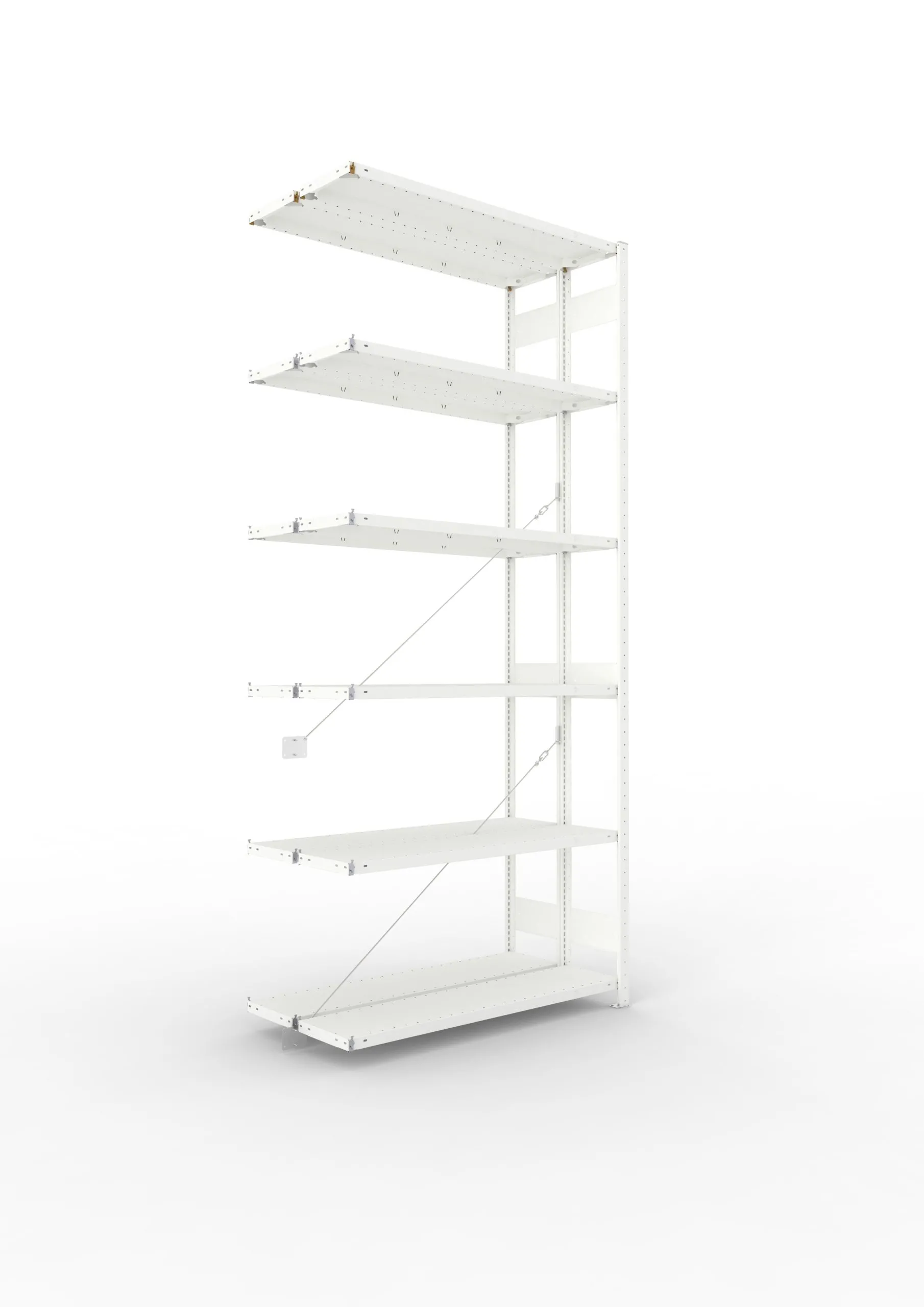 Meta Fachbodenregal Stecksystem CLIP mit vorgefertigten Rahmen | Anbauregal | HxBxT 300x130x60cm | 6 Ebenen | Fachlast 230kg | Doppelseitige Bauart mit Diagonalverstrebung | Lichtgrau