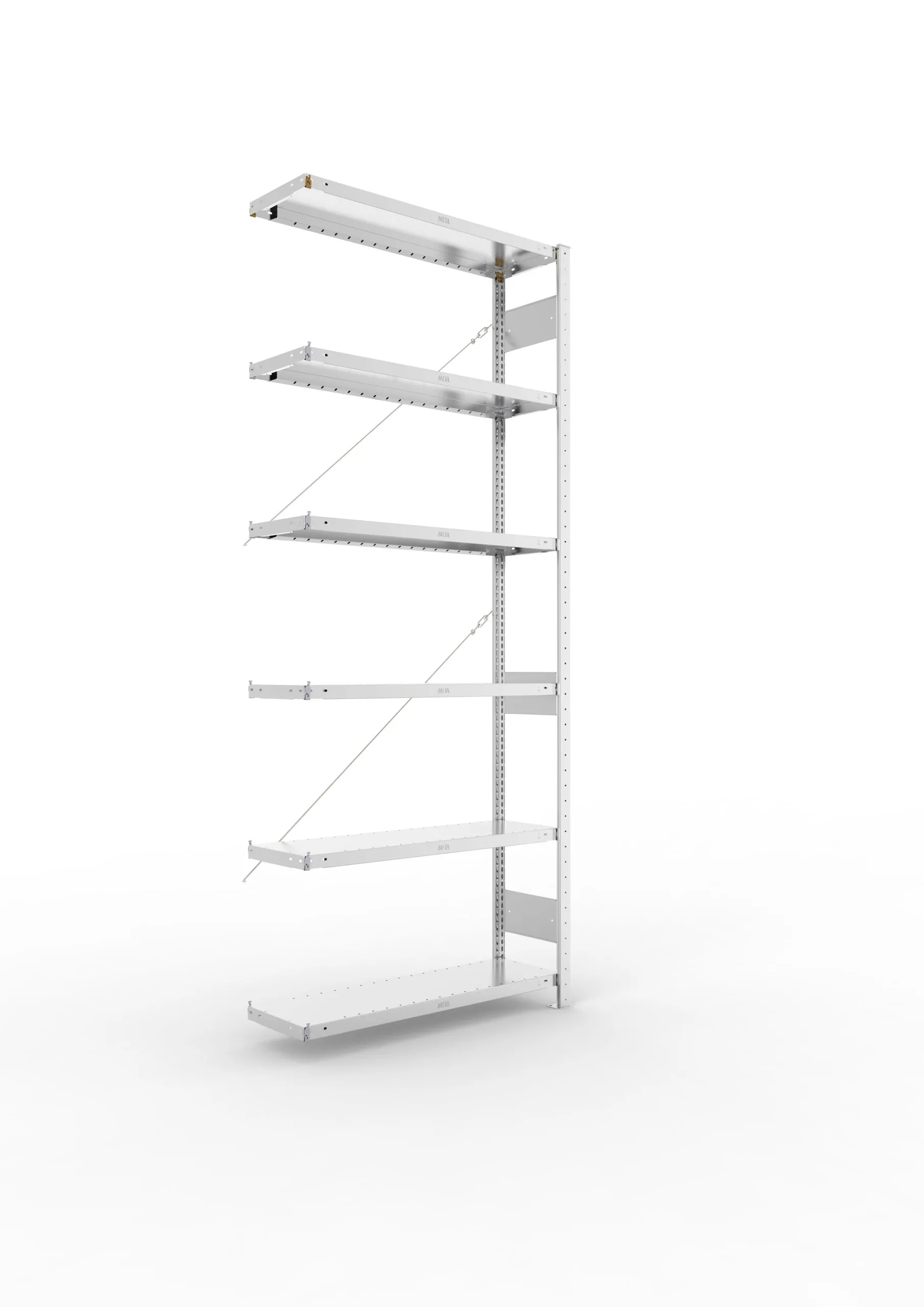 Meta Fachbodenregal Stecksystem CLIP mit vorgefertigten Rahmen | Anbauregal | HxBxT 250x100x30cm | 6 Ebenen | Fachlast 230kg | Einseitig nutzbar | Verzinkt