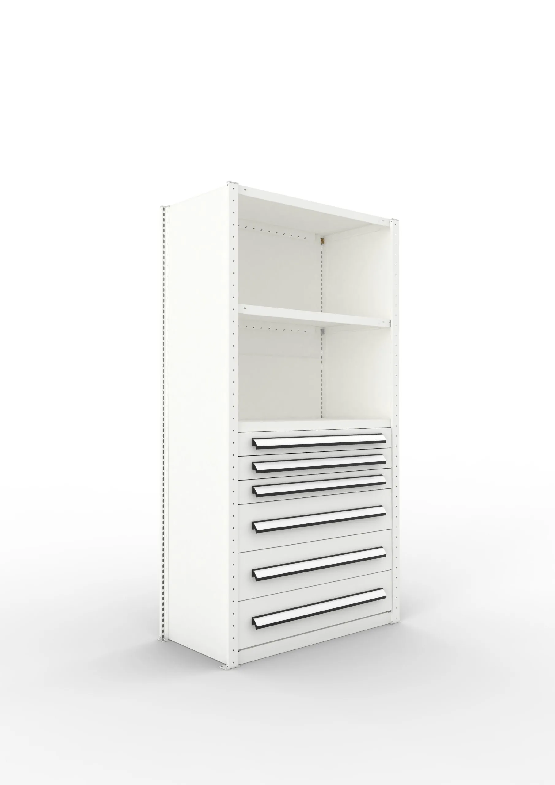 Meta Regal-Schrank-Kombination Stecksystem CLIP | Grundregal | HxBxT 200x100x50cm | 1 Deckboden, 2 Regalfachböden & 6 Schubladen | Fachlast 100kg | Lichtgrau