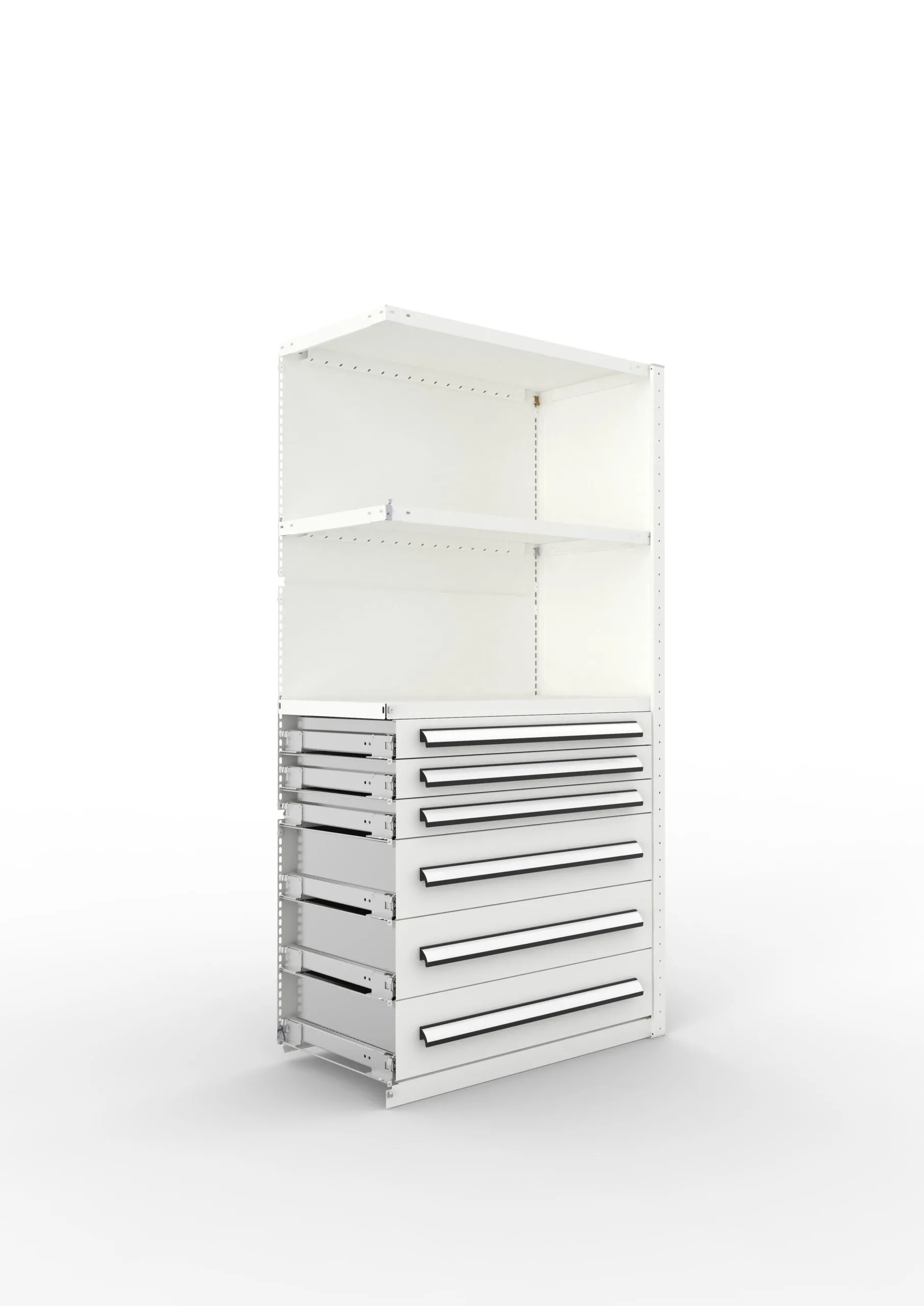 Meta Regal-Schrank-Kombination Stecksystem CLIP | Anbauregal | HxBxT 200x100x50cm | 1 Deckboden, 2 Regalfachböden & 6 Schubladen | Fachlast 100kg | Lichtgrau