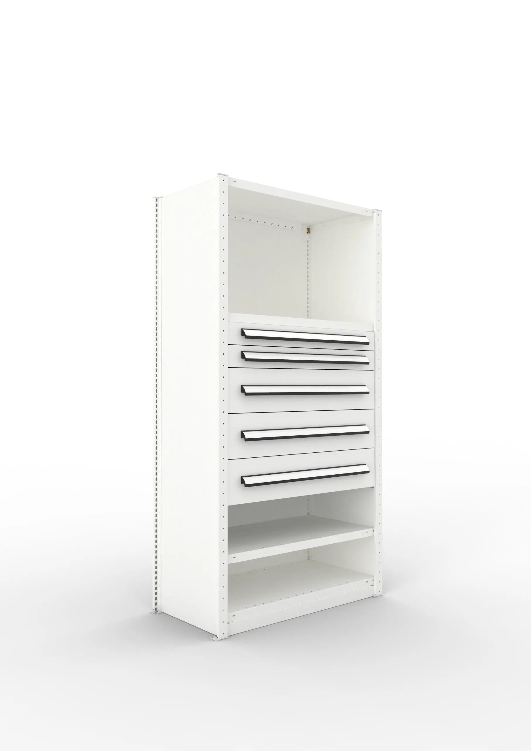 Meta Regal-Schrank-Kombination Stecksystem CLIP | Grundregal | HxBxT 200x100x50cm | 1 Deckboden, 3 Regalfachböden & 5 Schubladen | Fachlast 100kg | Lichtgrau