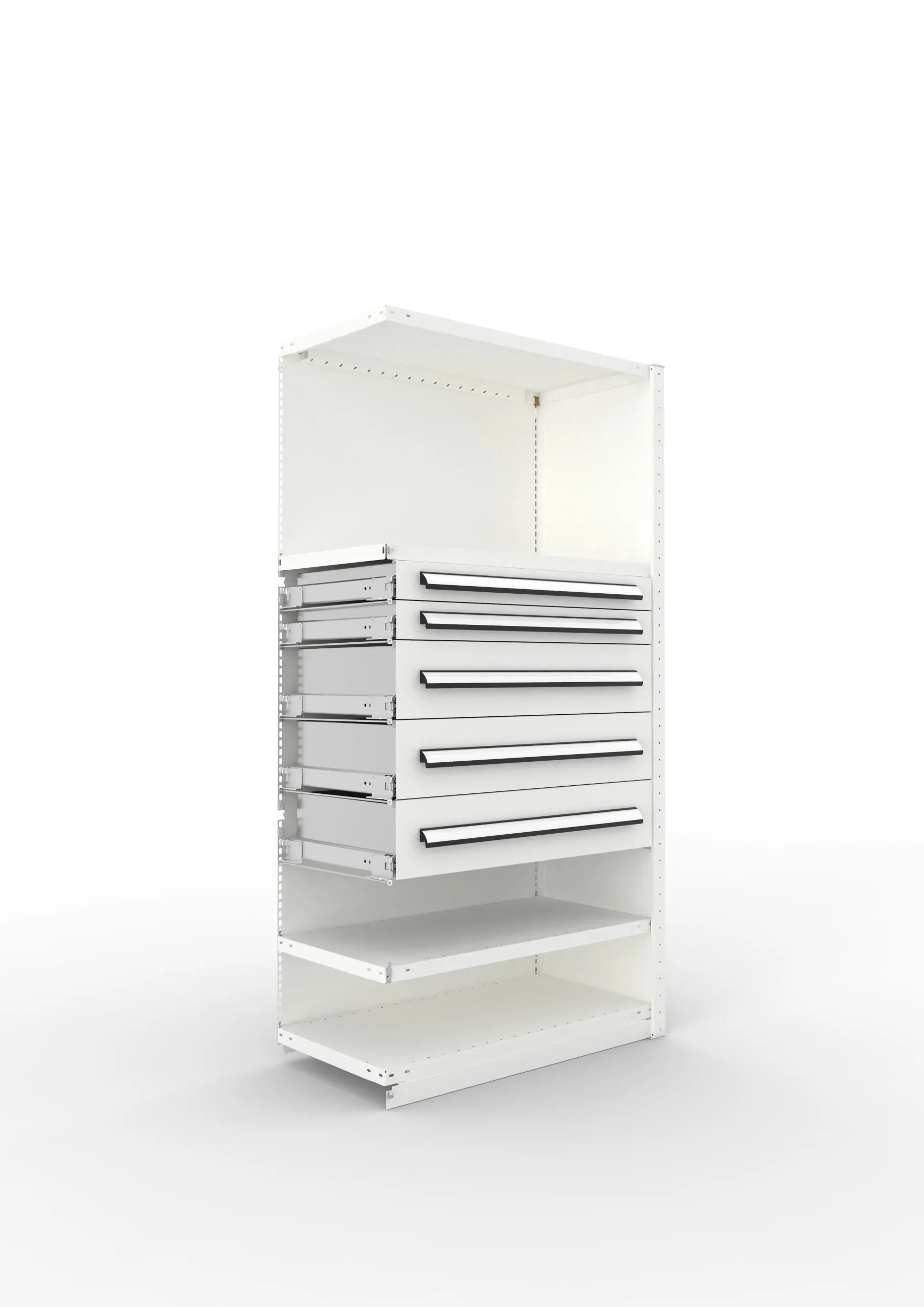 Meta Regal-Schrank-Kombination Stecksystem CLIP | Anbauregal | HxBxT 200x100x50cm | 1 Deckboden, 3 Regalfachböden & 5 Schubladen | Fachlast 100kg | Lichtgrau