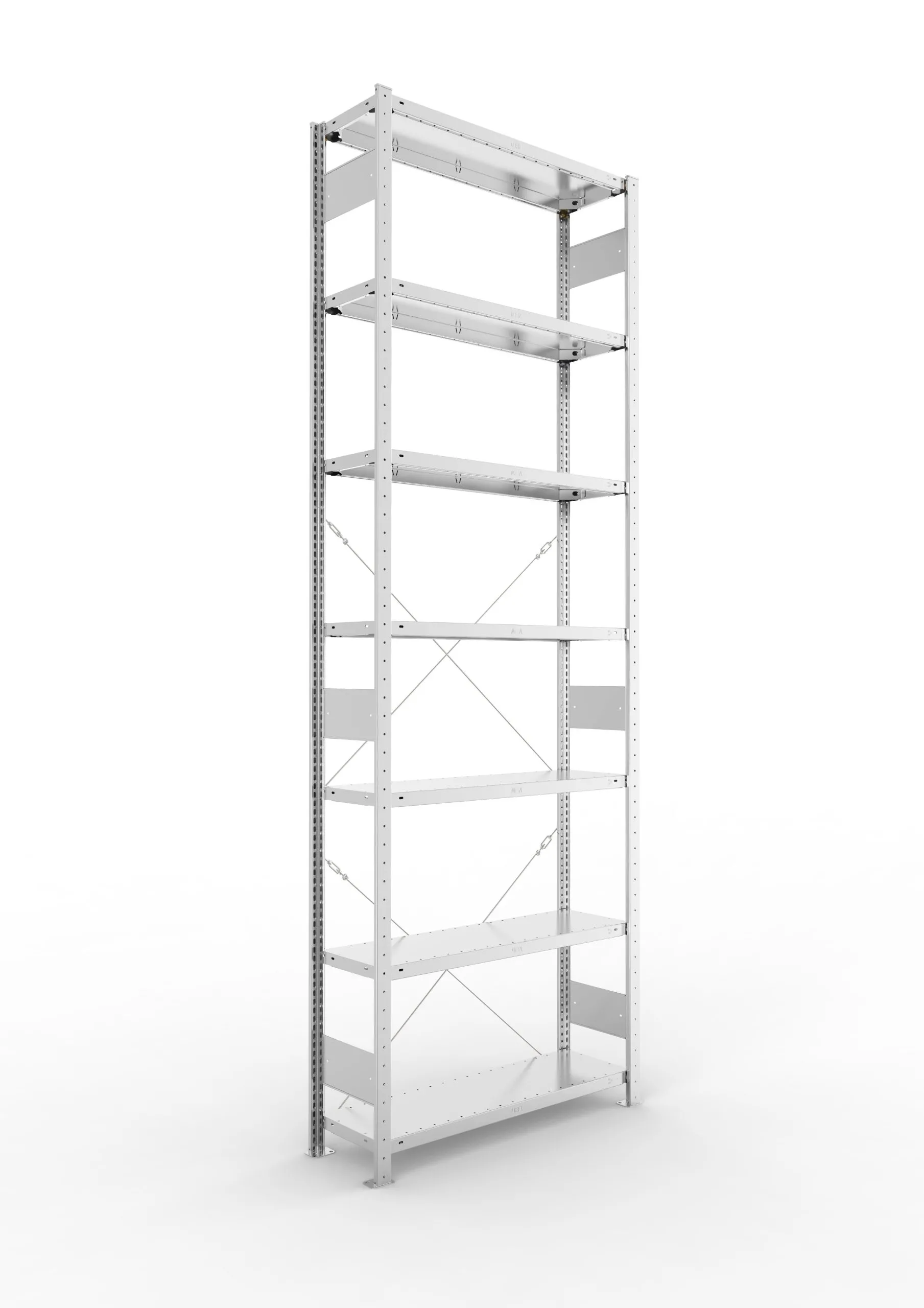 Meta Fachbodenregal Stecksystem CLIP mit vorgefertigten Rahmen | Grundregal | HxBxT 300x100x30cm | 7 Ebenen | Fachlast 150kg | Einseitig nutzbar | Verzinkt