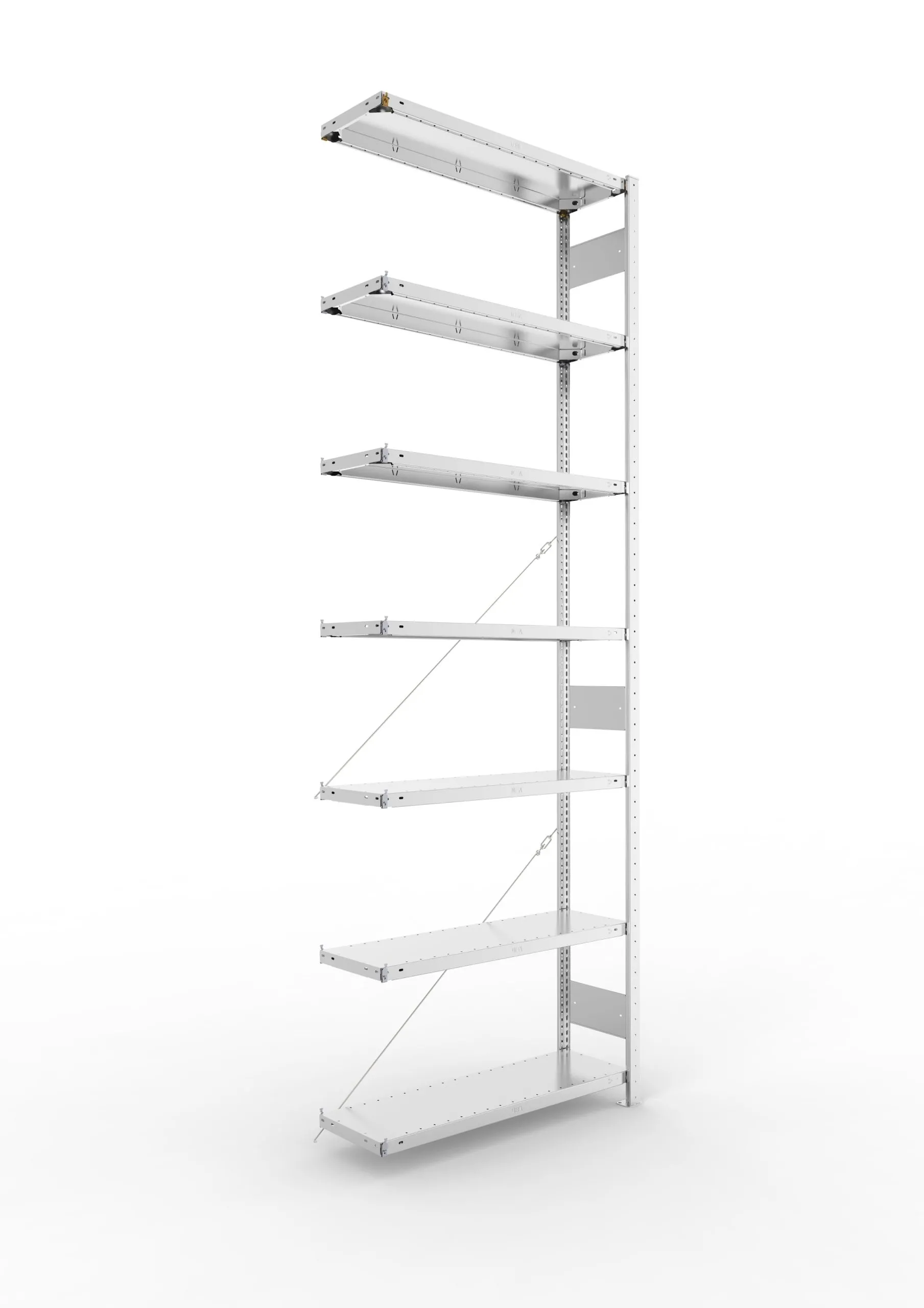 Meta Fachbodenregal Stecksystem CLIP mit vorgefertigten Rahmen | Anbauregal | HxBxT 300x100x30cm | 7 Ebenen | Fachlast 150kg | Einseitig nutzbar | Verzinkt