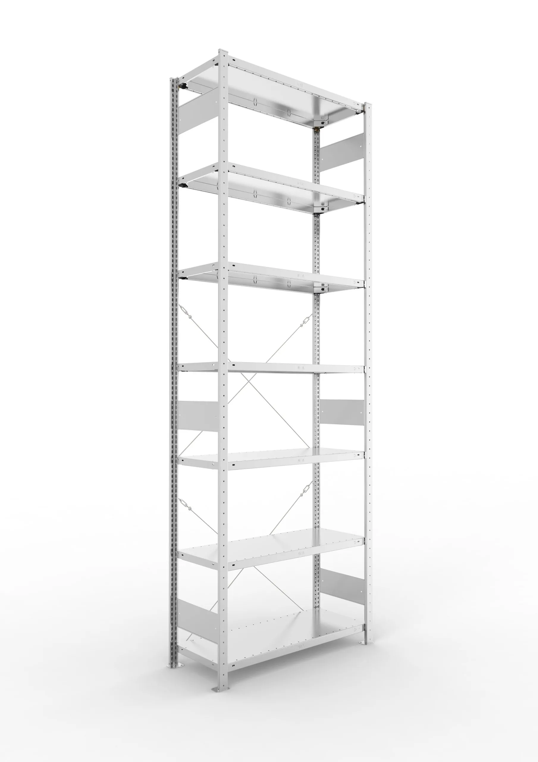 Meta Fachbodenregal Stecksystem CLIP mit vorgefertigten Rahmen | Grundregal | HxBxT 300x100x40cm | 7 Ebenen | Fachlast 150kg | Einseitig nutzbar | Verzinkt