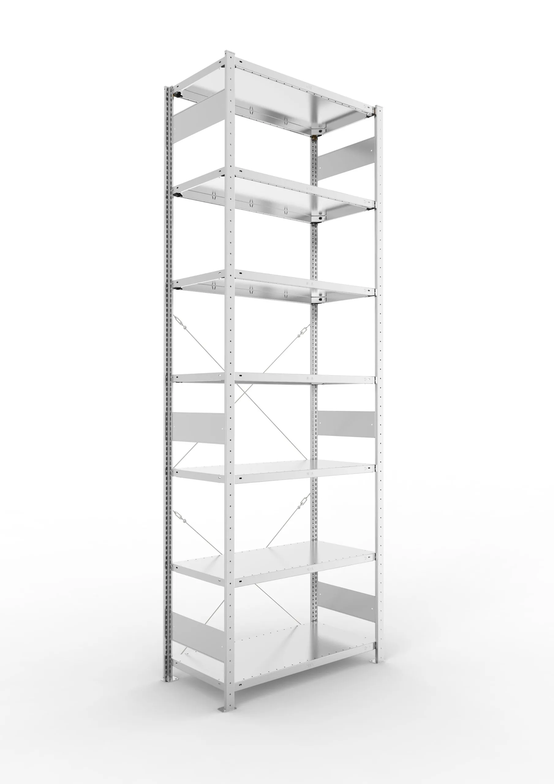 Meta Fachbodenregal Stecksystem CLIP mit vorgefertigten Rahmen | Grundregal | HxBxT 300x100x50cm | 7 Ebenen | Fachlast 150kg | Einseitig nutzbar | Verzinkt