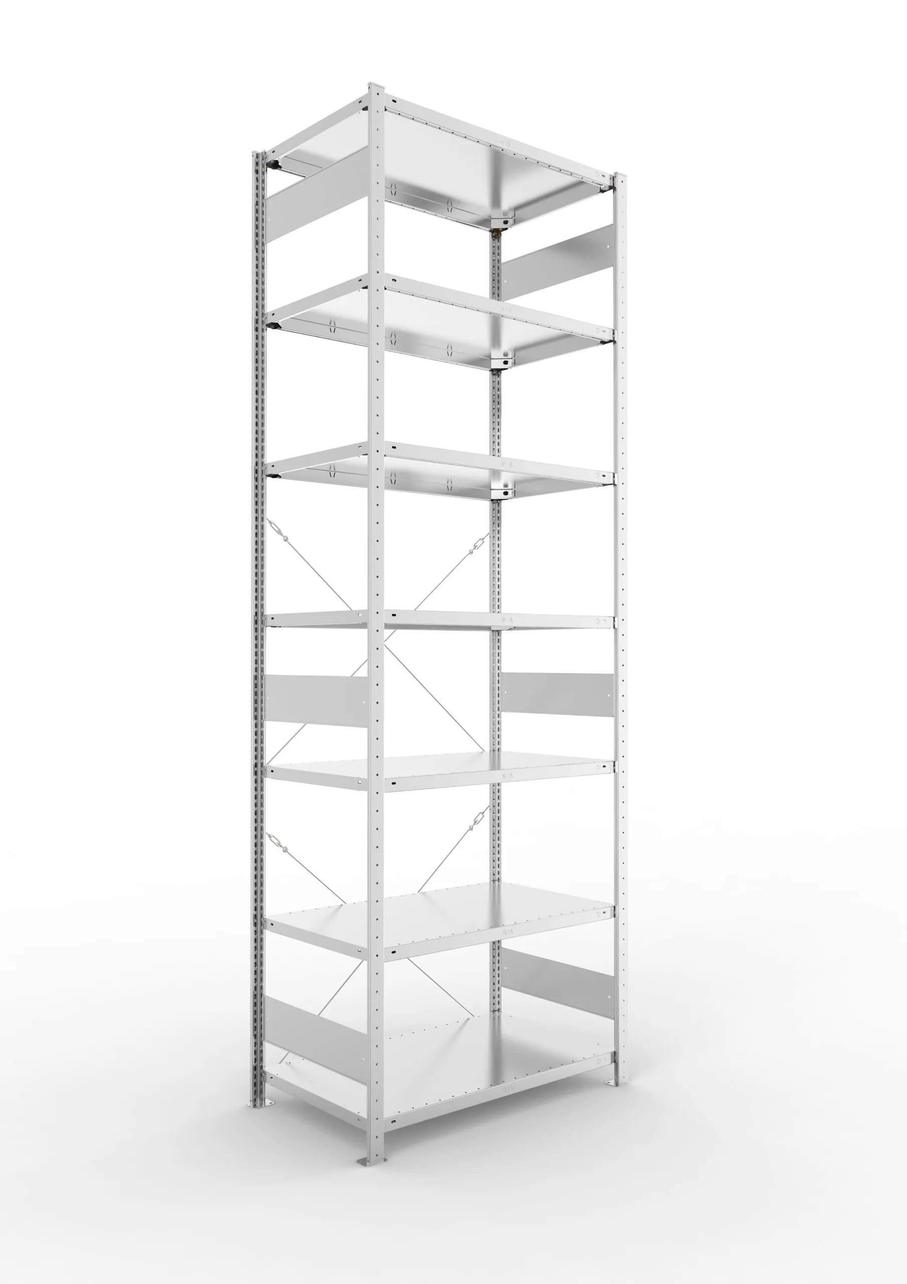 Meta Fachbodenregal Stecksystem CLIP mit vorgefertigten Rahmen | Grundregal | HxBxT 300x100x60cm | 7 Ebenen | Fachlast 150kg | Einseitig nutzbar | Verzinkt