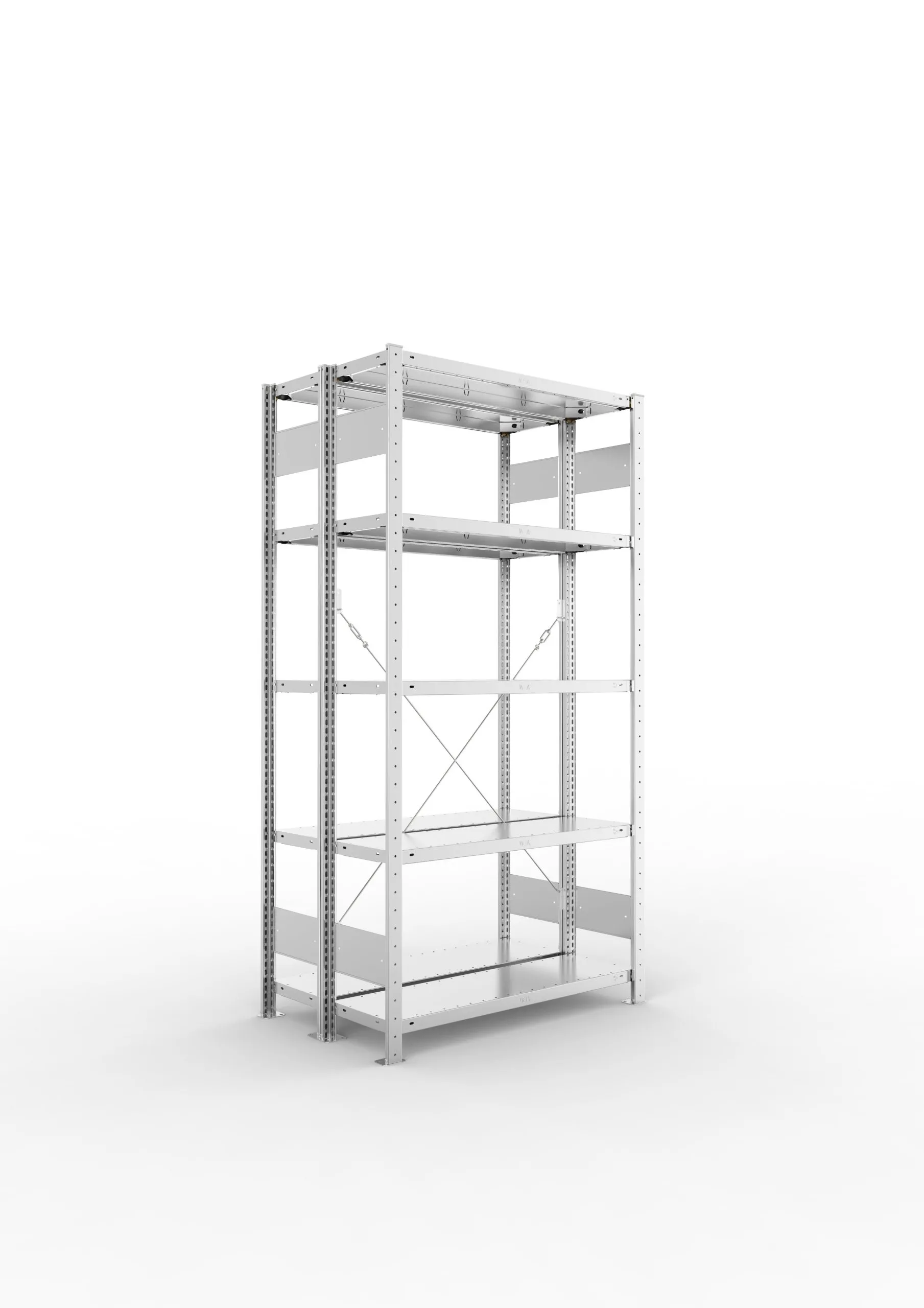 Meta Fachbodenregal Stecksystem CLIP mit vorgefertigten Rahmen | Grundregal | HxBxT 200x100x60cm | 5 Ebenen | Fachlast 150kg | Doppelseitige Bauart mit Diagonalverstrebung | Verzinkt
