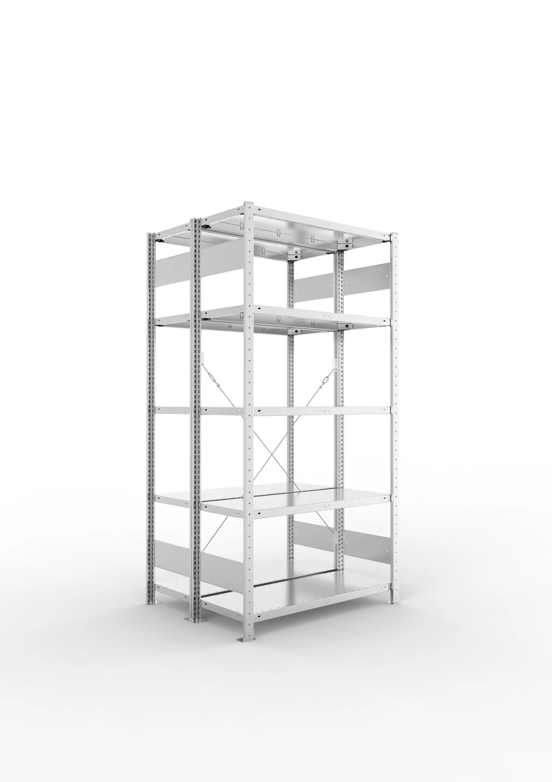 Meta Fachbodenregal Stecksystem CLIP mit vorgefertigten Rahmen | Grundregal | HxBxT 200x100x80cm | 5 Ebenen | Fachlast 150kg | Doppelseitige Bauart mit Diagonalverstrebung | Verzinkt