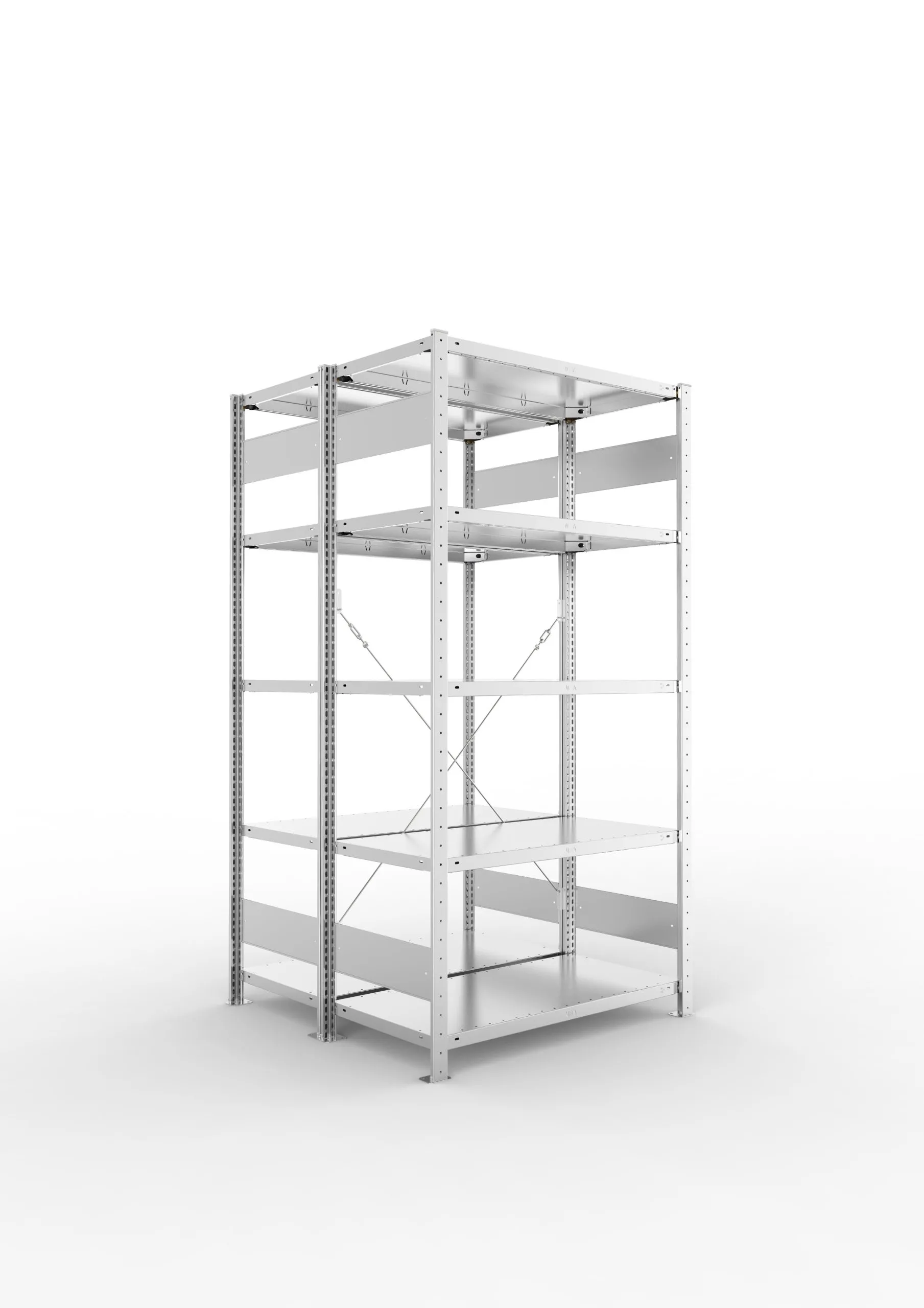 Meta Fachbodenregal Stecksystem CLIP mit vorgefertigten Rahmen | Grundregal | HxBxT 200x100x100cm | 5 Ebenen | Fachlast 150kg | Doppelseitige Bauart mit Diagonalverstrebung | Verzinkt