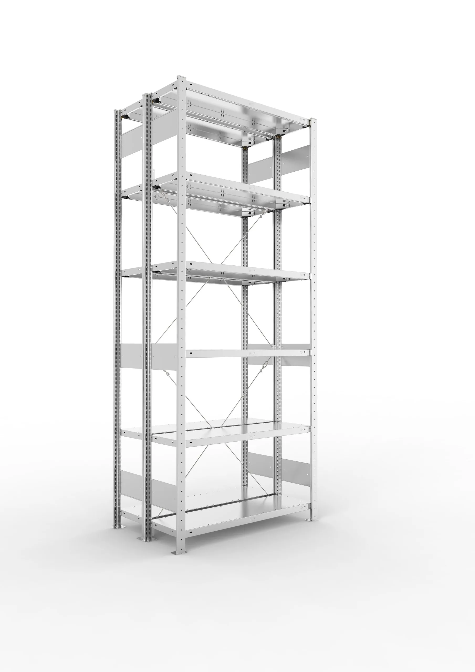 Meta Fachbodenregal Stecksystem CLIP mit vorgefertigten Rahmen | Grundregal | HxBxT 250x100x60cm | 6 Ebenen | Fachlast 150kg | Doppelseitige Bauart mit Diagonalverstrebung | Verzinkt