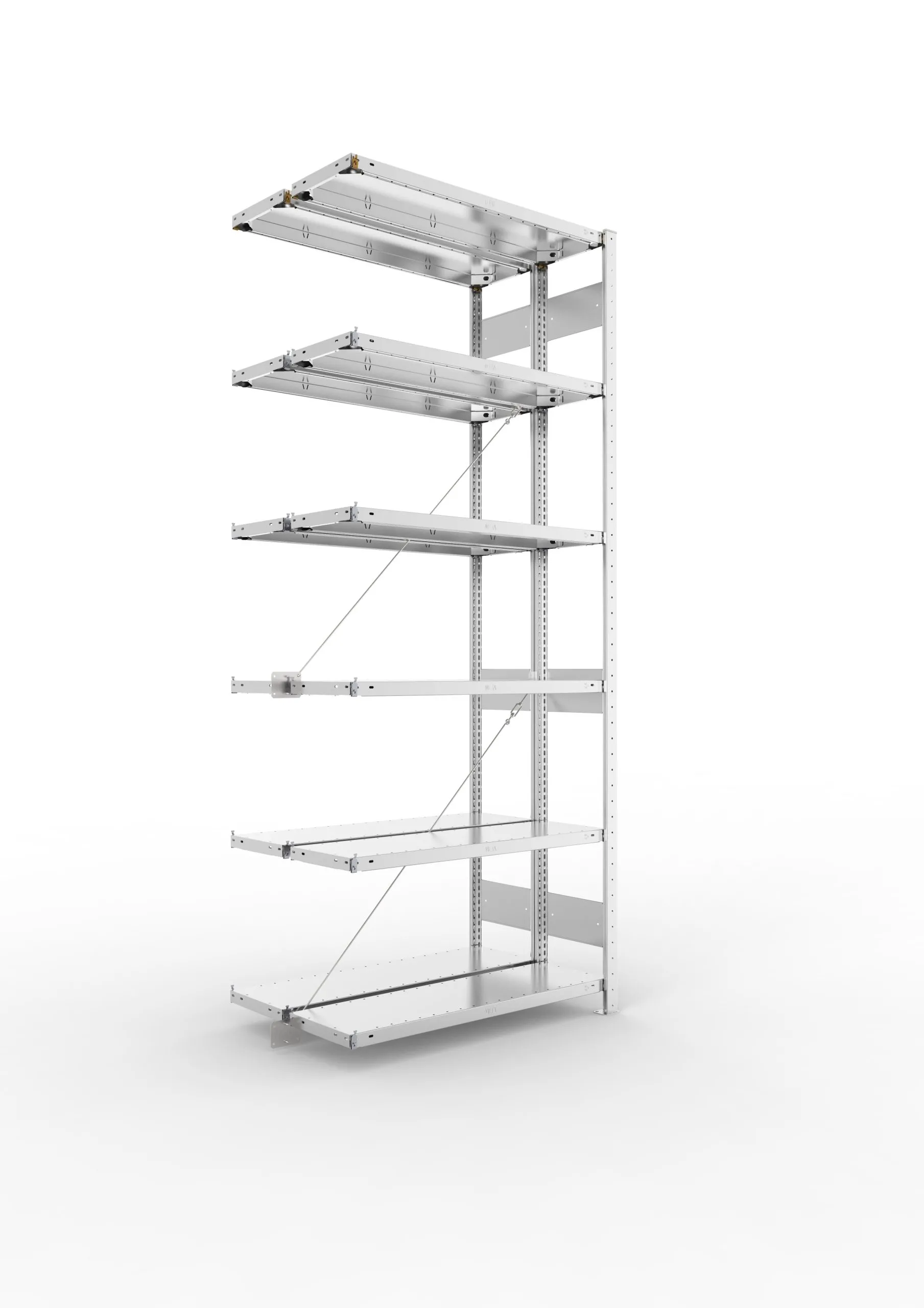 Meta Fachbodenregal Stecksystem CLIP mit vorgefertigten Rahmen | Anbauregal | HxBxT 250x100x60cm | 6 Ebenen | Fachlast 150kg | Doppelseitige Bauart mit Diagonalverstrebung | Verzinkt