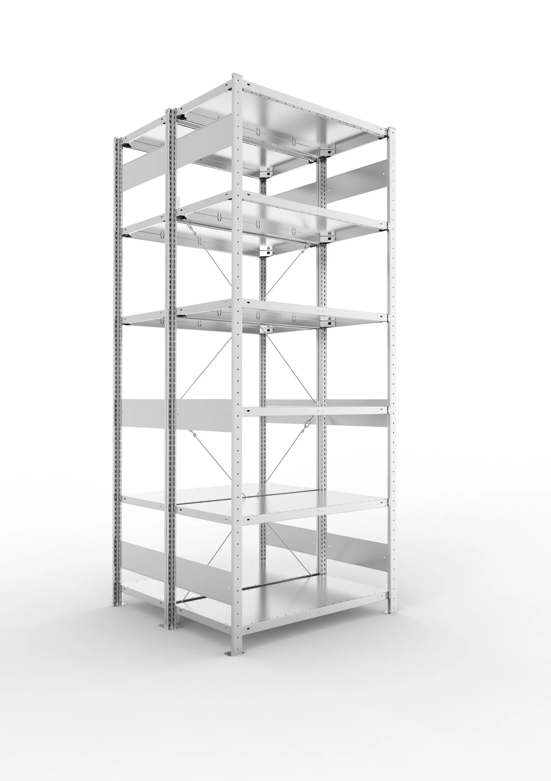 Meta Fachbodenregal Stecksystem CLIP mit vorgefertigten Rahmen | Grundregal | HxBxT 250x100x100cm | 6 Ebenen | Fachlast 150kg | Doppelseitige Bauart mit Diagonalverstrebung | Verzinkt
