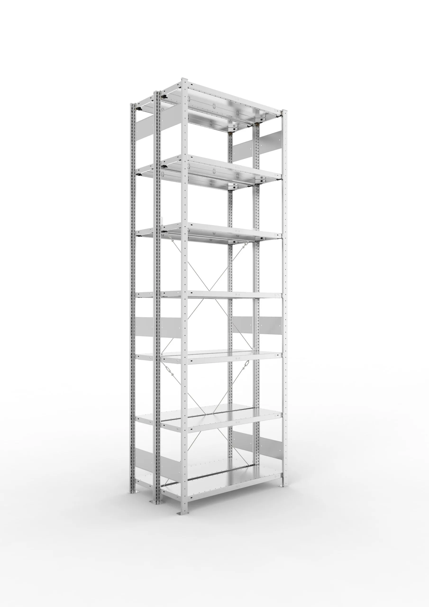 Meta Fachbodenregal Stecksystem CLIP mit vorgefertigten Rahmen | Grundregal | HxBxT 300x100x60cm | 7 Ebenen | Fachlast 150kg | Doppelseitige Bauart mit Diagonalverstrebung | Verzinkt