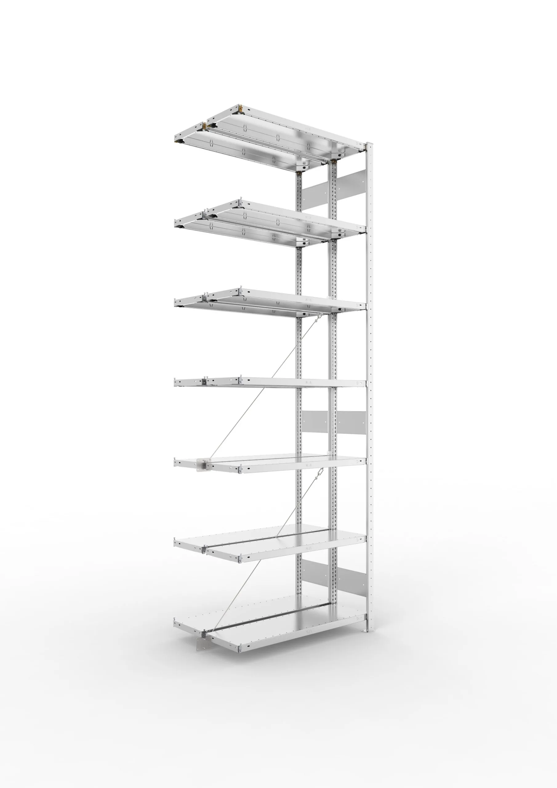 Meta Fachbodenregal Stecksystem CLIP mit vorgefertigten Rahmen | Anbauregal | HxBxT 300x100x60cm | 7 Ebenen | Fachlast 150kg | Doppelseitige Bauart mit Diagonalverstrebung | Verzinkt