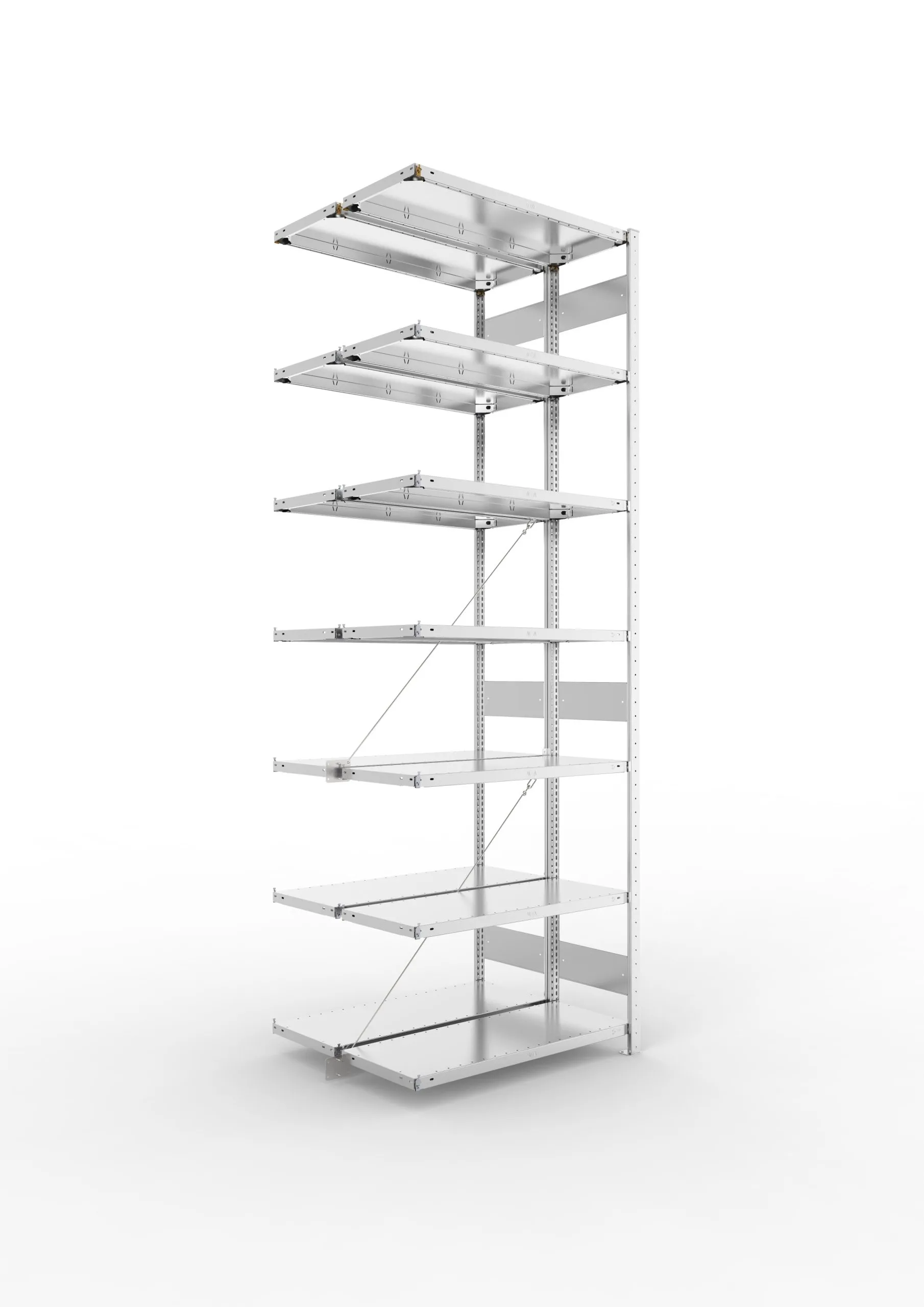 Meta Fachbodenregal Stecksystem CLIP mit vorgefertigten Rahmen | Anbauregal | HxBxT 300x100x80cm | 7 Ebenen | Fachlast 150kg | Doppelseitige Bauart mit Diagonalverstrebung | Verzinkt