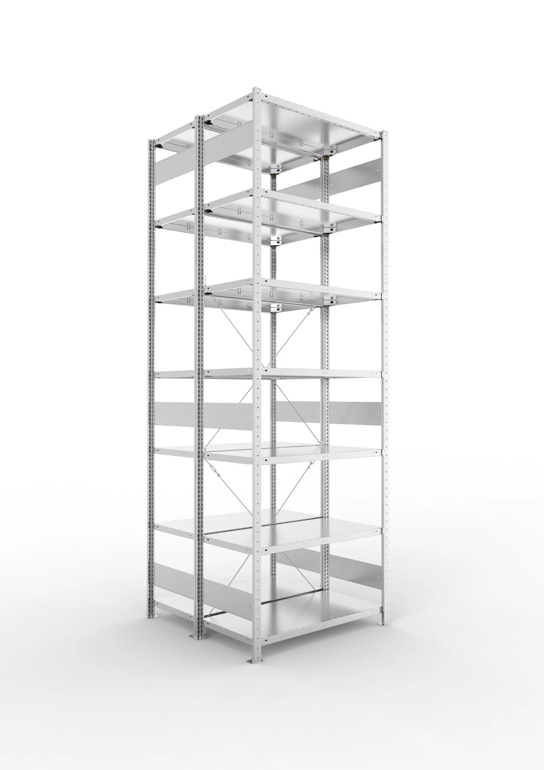 Meta Fachbodenregal Stecksystem CLIP mit vorgefertigten Rahmen | Grundregal | HxBxT 300x100x100cm | 7 Ebenen | Fachlast 150kg | Doppelseitige Bauart mit Diagonalverstrebung | Verzinkt