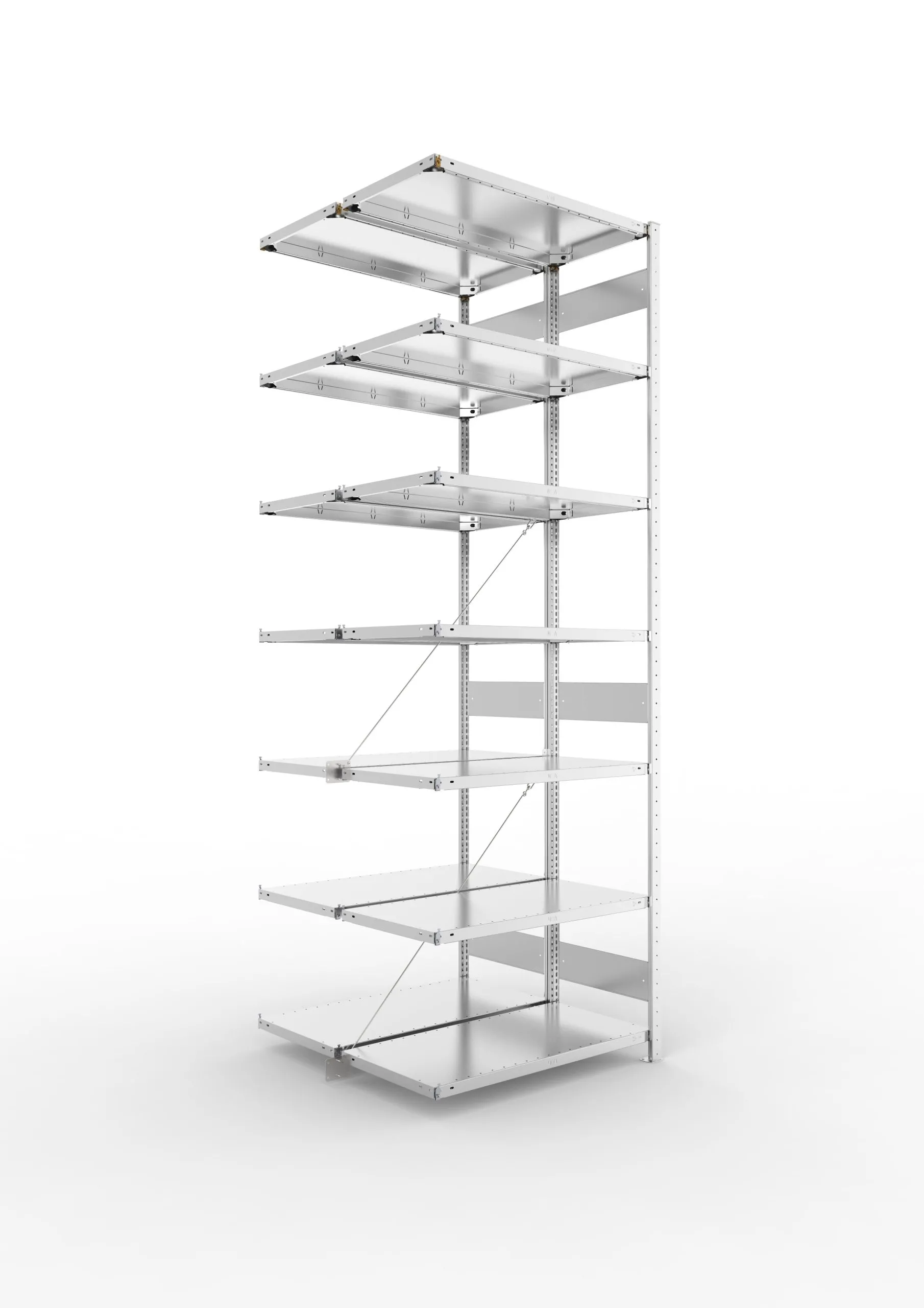 Meta Fachbodenregal Stecksystem CLIP mit vorgefertigten Rahmen | Anbauregal | HxBxT 300x100x100cm | 7 Ebenen | Fachlast 150kg | Doppelseitige Bauart mit Diagonalverstrebung | Verzinkt