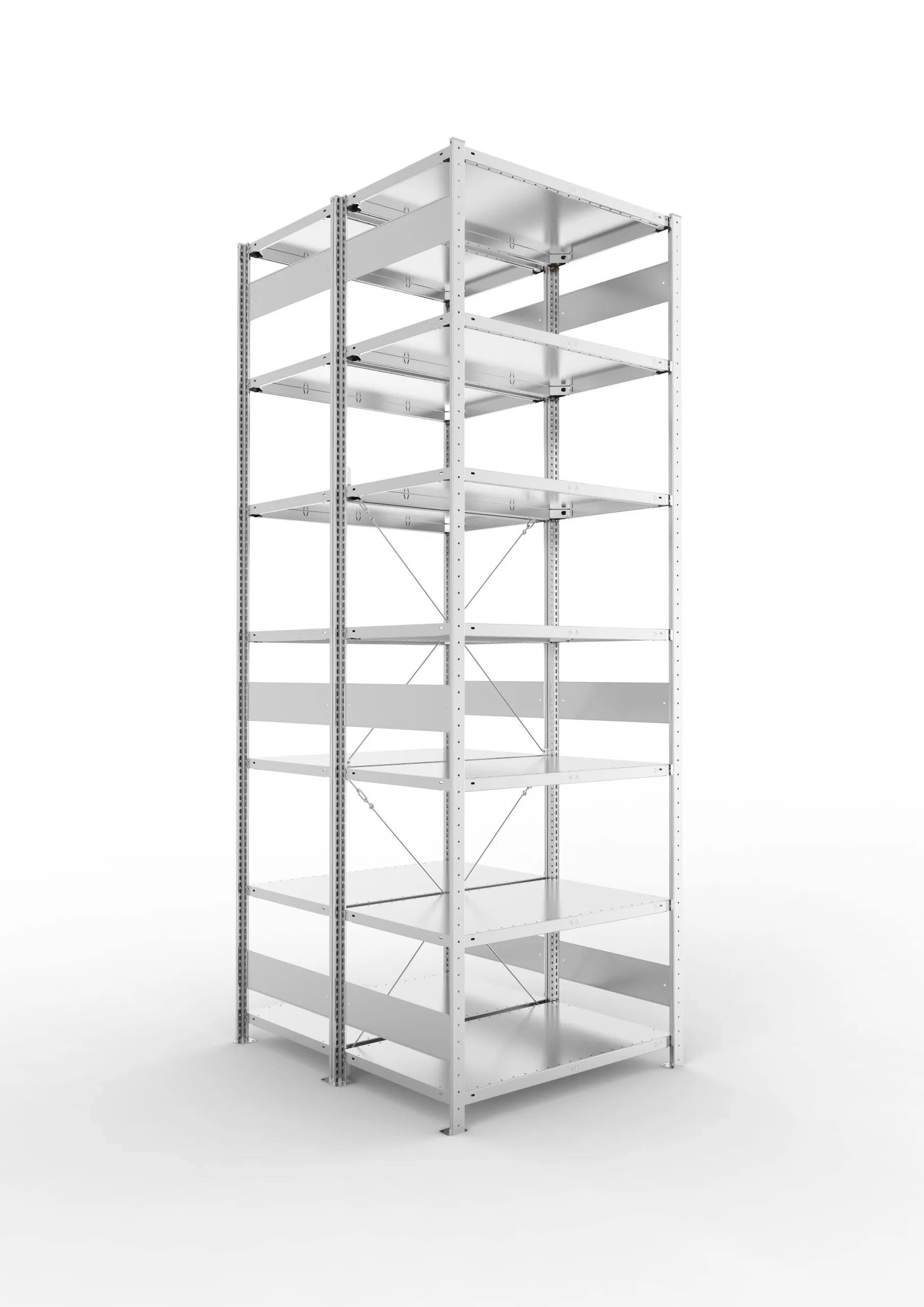 Meta Fachbodenregal Stecksystem CLIP mit vorgefertigten Rahmen | Grundregal | HxBxT 300x100x120cm | 7 Ebenen | Fachlast 150kg | Doppelseitige Bauart mit Diagonalverstrebung | Verzinkt