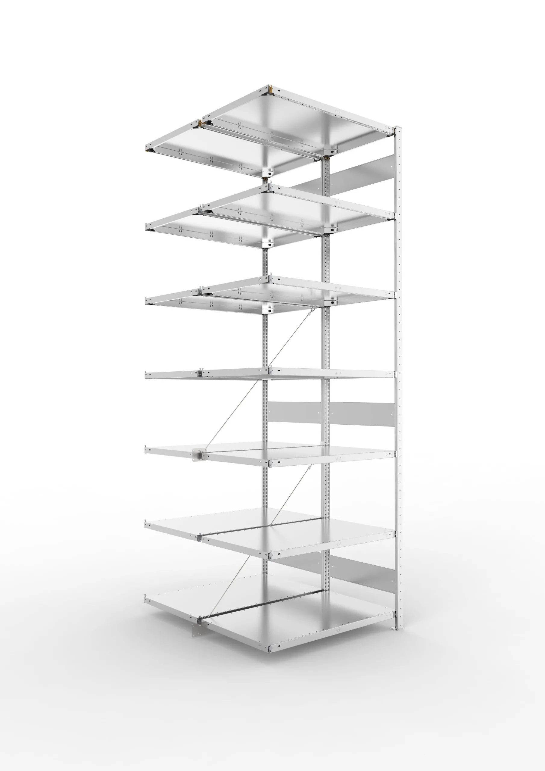 Meta Fachbodenregal Stecksystem CLIP mit vorgefertigten Rahmen | Anbauregal | HxBxT 300x100x120cm | 7 Ebenen | Fachlast 150kg | Doppelseitige Bauart mit Diagonalverstrebung | Verzinkt