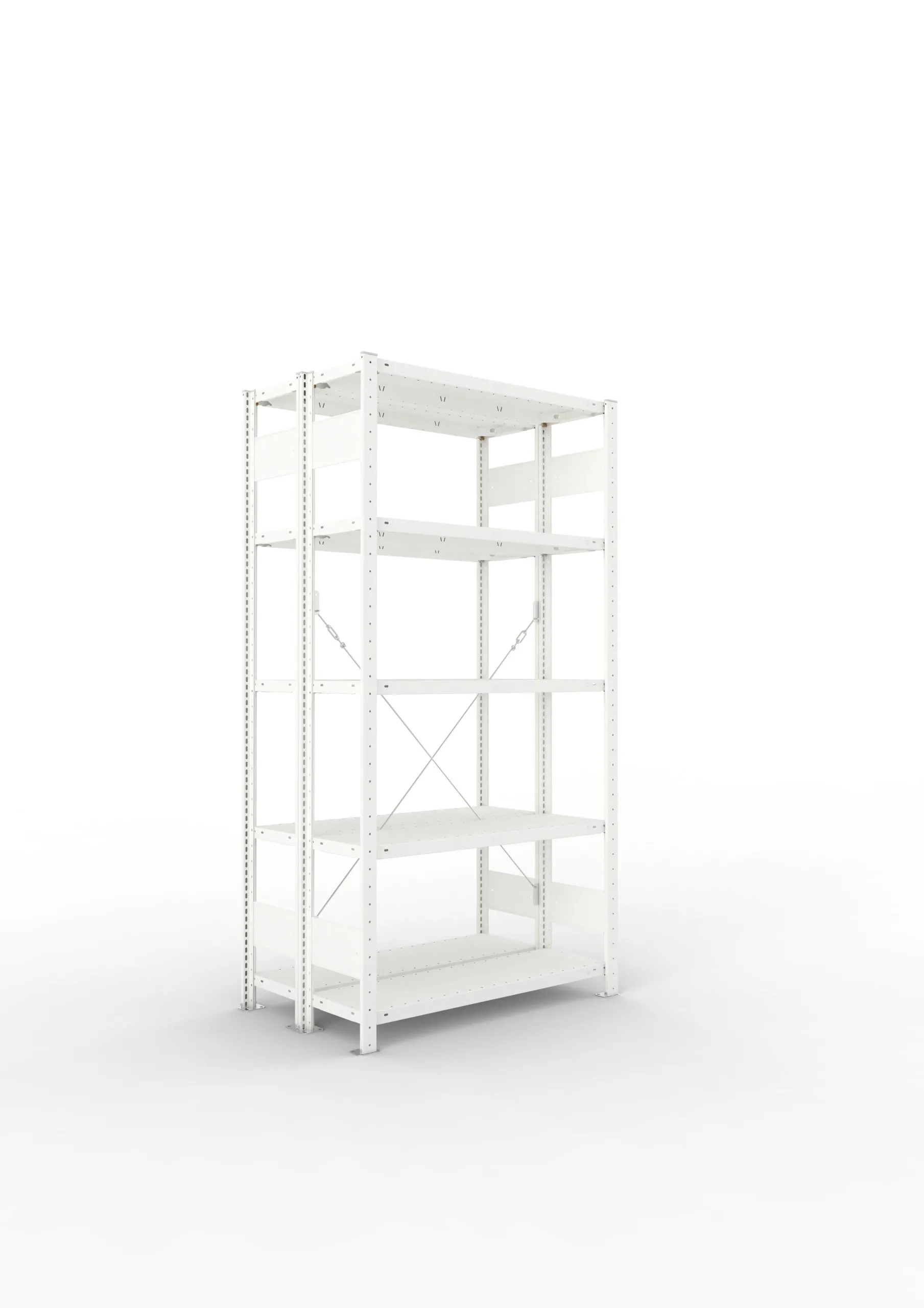 Meta Fachbodenregal Stecksystem CLIP mit vorgefertigten Rahmen | Grundregal | HxBxT 200x100x60cm | 5 Ebenen | Fachlast 150kg | Doppelseitige Bauart mit Diagonalverstrebung | Lichtgrau