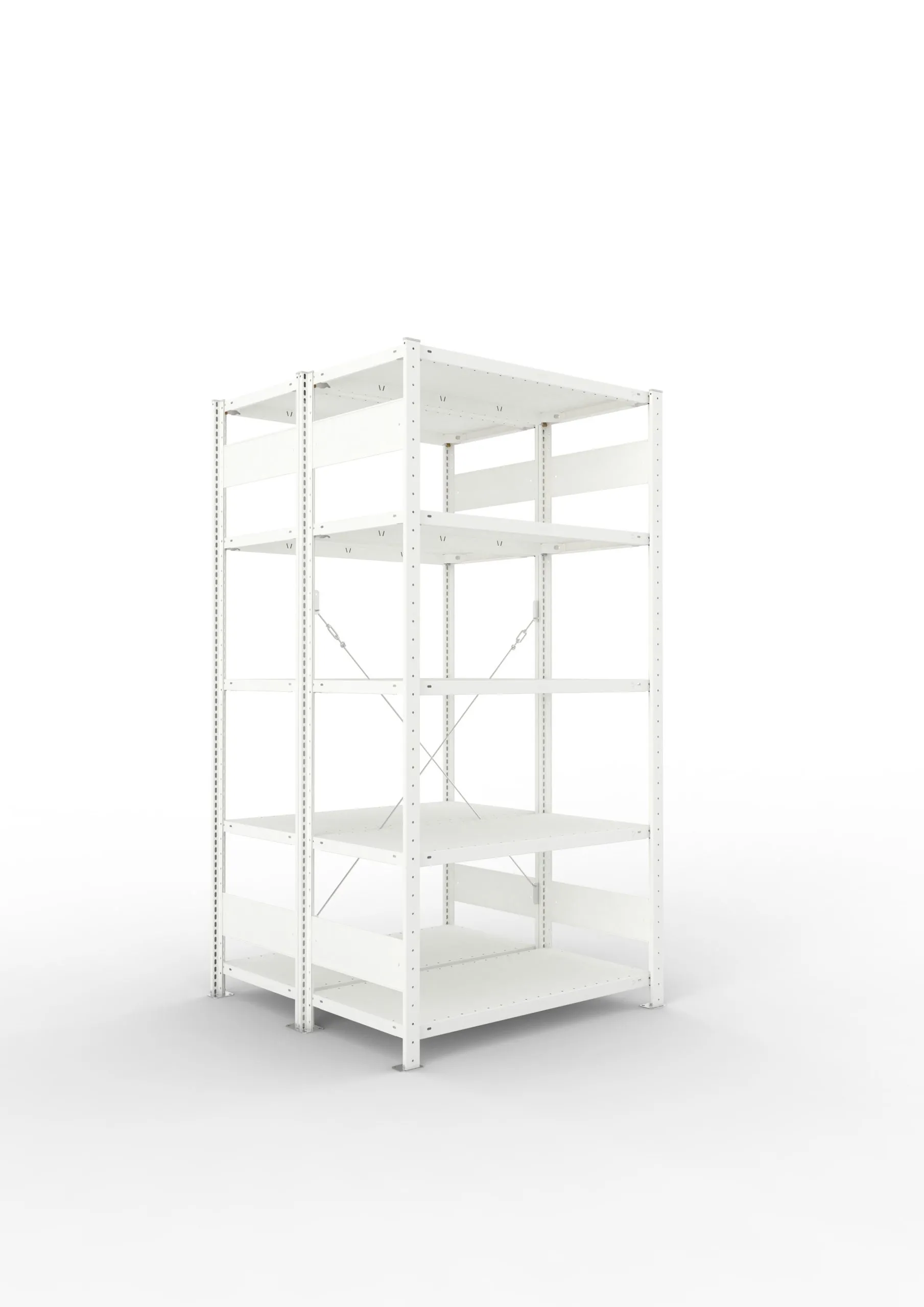 Meta Fachbodenregal Stecksystem CLIP mit vorgefertigten Rahmen | Grundregal | HxBxT 200x100x100cm | 5 Ebenen | Fachlast 150kg | Doppelseitige Bauart mit Diagonalverstrebung | Lichtgrau