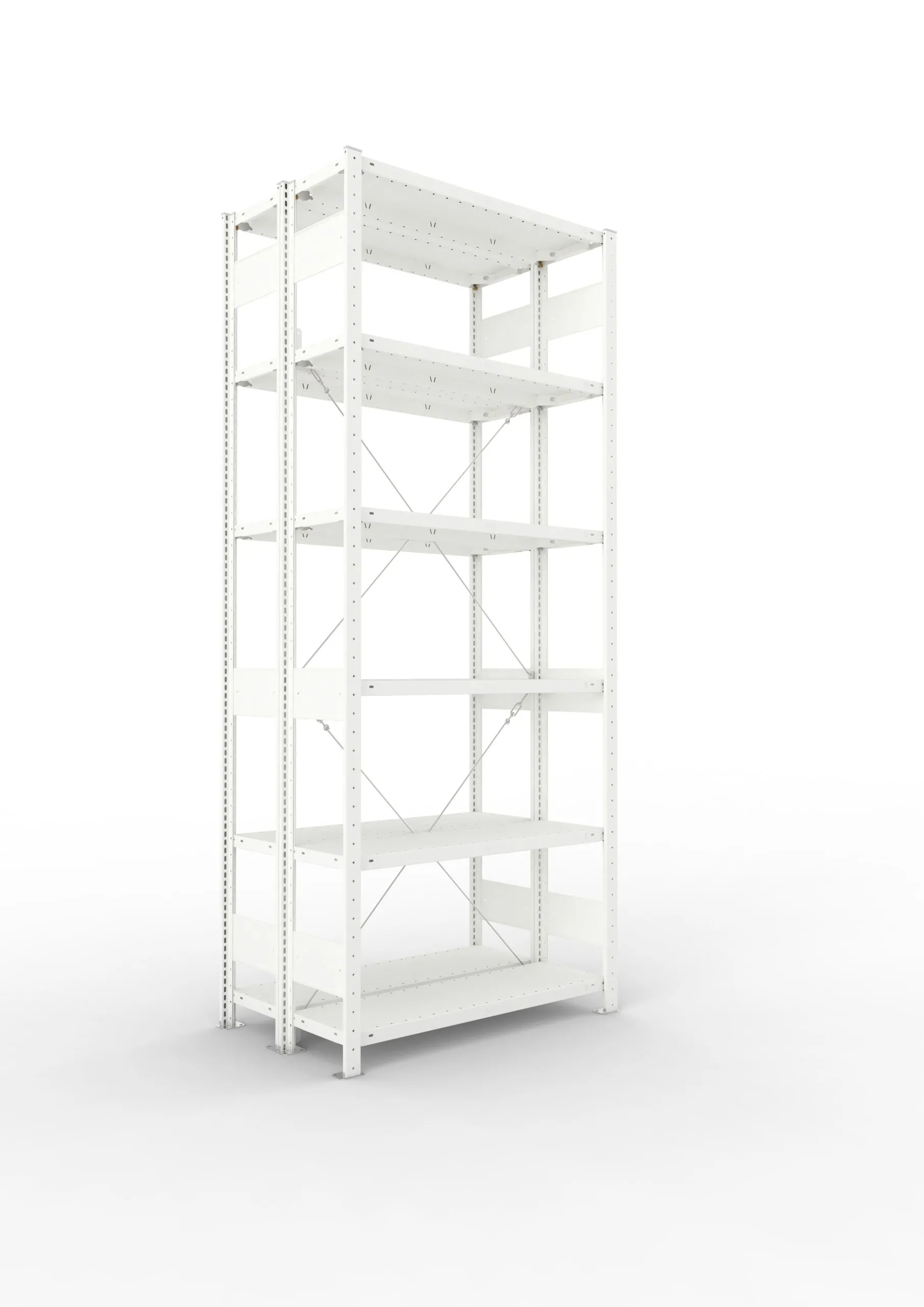 Meta Fachbodenregal Stecksystem CLIP mit vorgefertigten Rahmen | Grundregal | HxBxT 250x100x60cm | 6 Ebenen | Fachlast 150kg | Doppelseitige Bauart mit Diagonalverstrebung | Lichtgrau