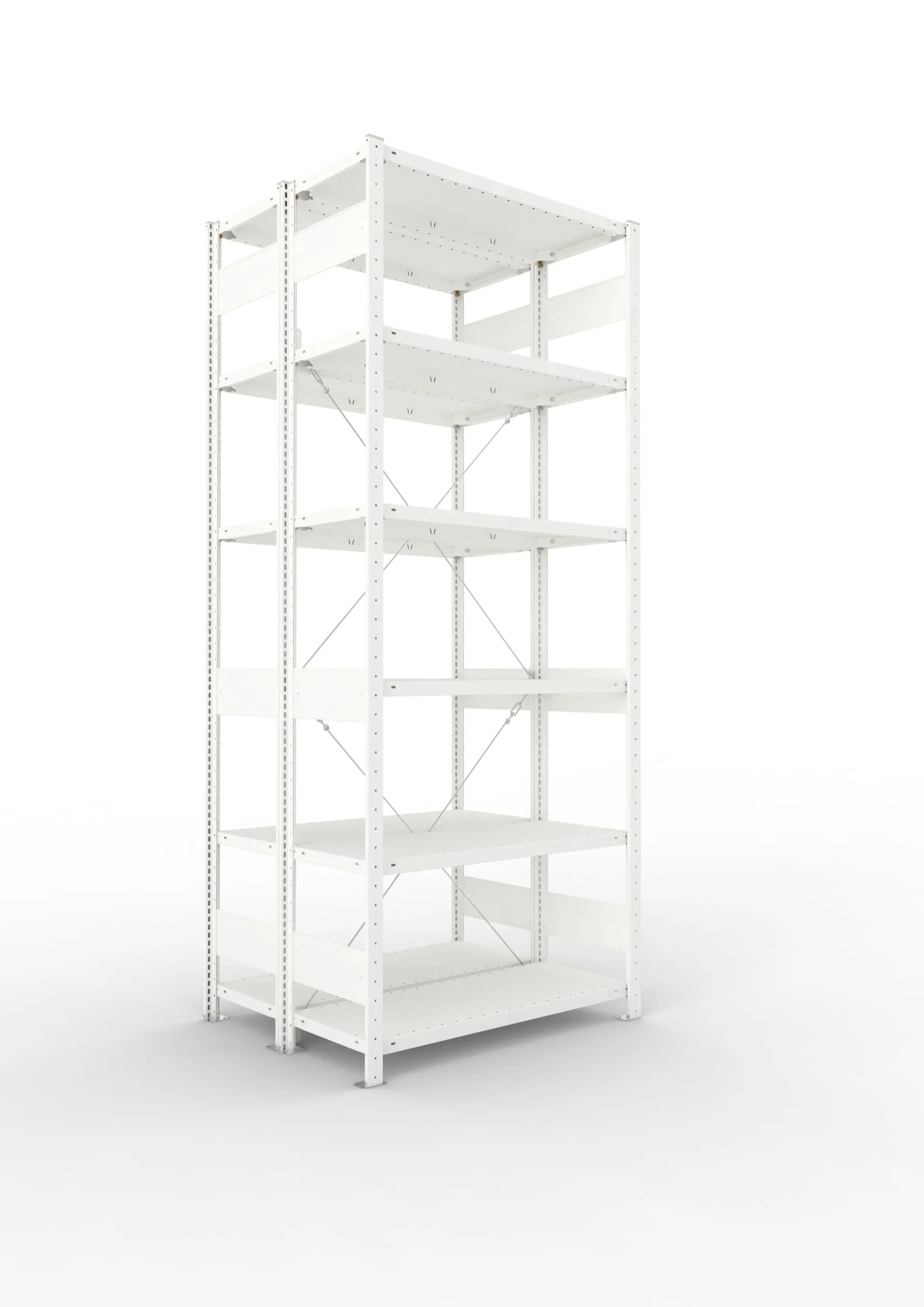 Meta Fachbodenregal Stecksystem CLIP mit vorgefertigten Rahmen | Grundregal | HxBxT 250x100x80cm | 6 Ebenen | Fachlast 150kg | Doppelseitige Bauart mit Diagonalverstrebung | Lichtgrau