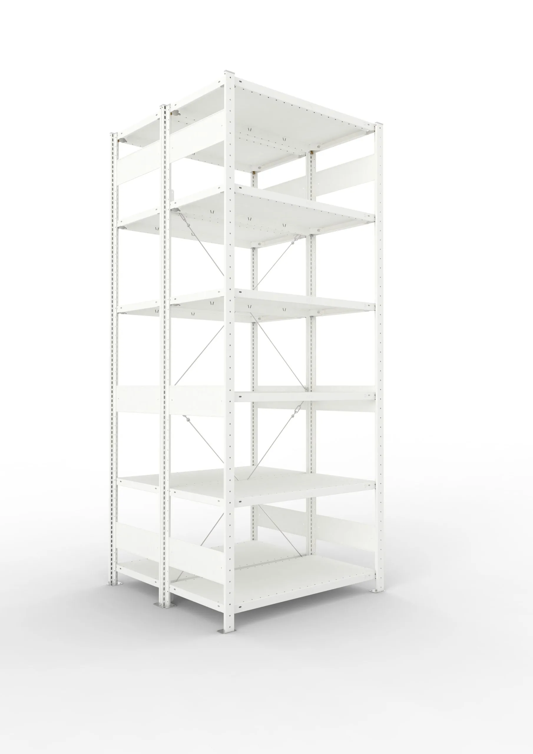 Meta Fachbodenregal Stecksystem CLIP mit vorgefertigten Rahmen | Grundregal | HxBxT 250x100x100cm | 6 Ebenen | Fachlast 150kg | Doppelseitige Bauart mit Diagonalverstrebung | Lichtgrau