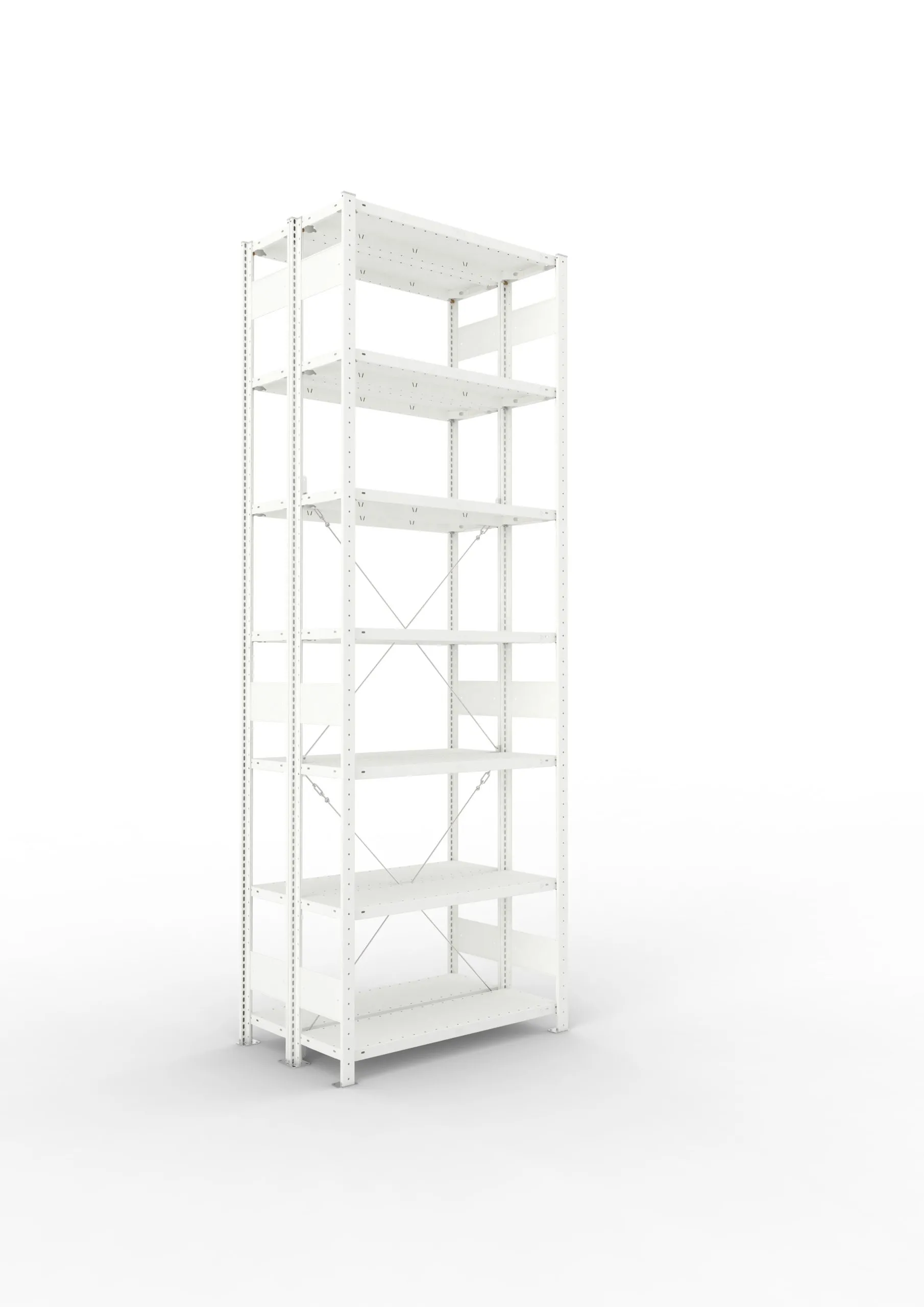 Meta Fachbodenregal Stecksystem CLIP mit vorgefertigten Rahmen | Grundregal | HxBxT 300x100x60cm | 7 Ebenen | Fachlast 150kg | Doppelseitige Bauart mit Diagonalverstrebung | Lichtgrau