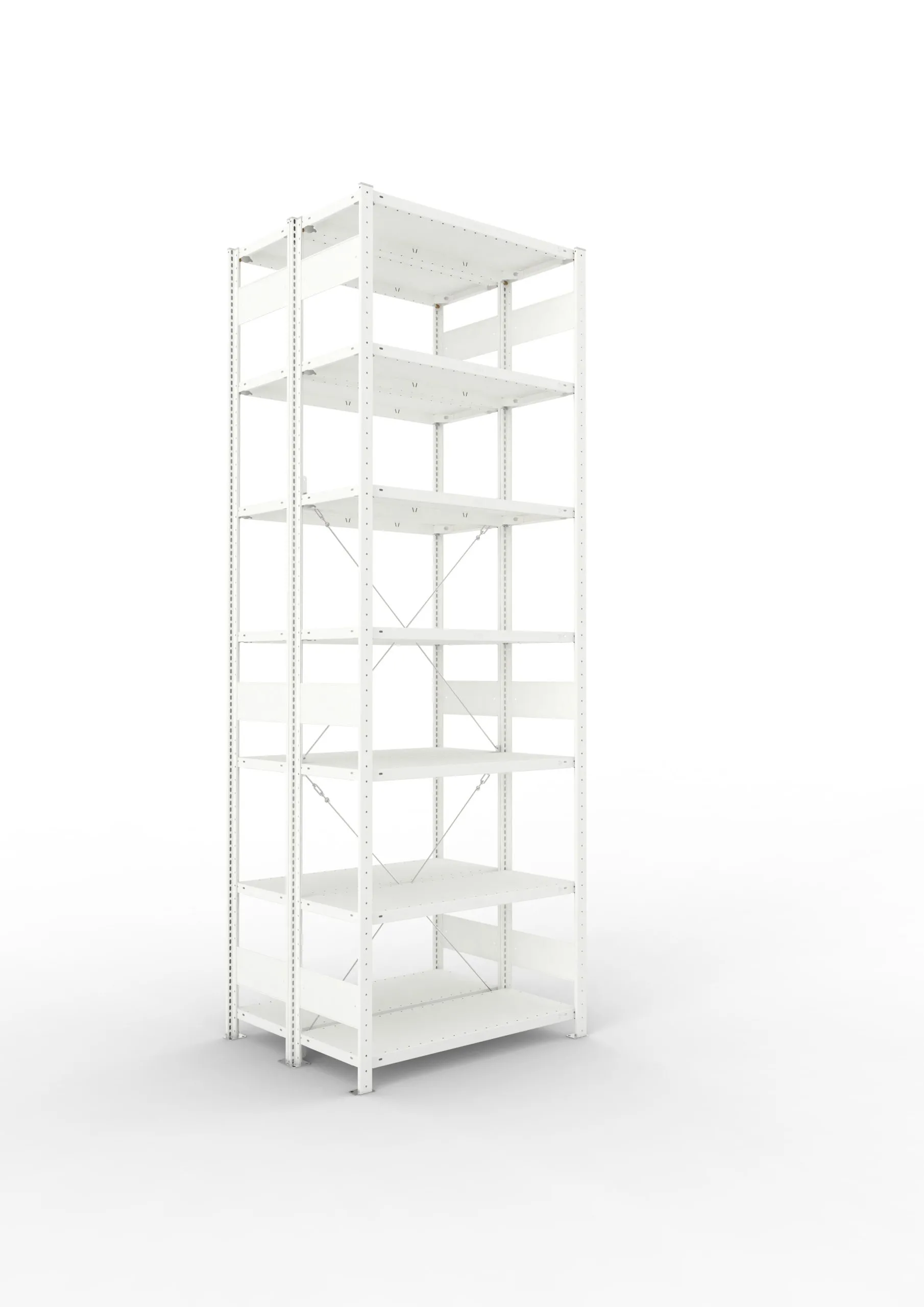 Meta Fachbodenregal Stecksystem CLIP mit vorgefertigten Rahmen | Grundregal | HxBxT 300x100x80cm | 7 Ebenen | Fachlast 150kg | Doppelseitige Bauart mit Diagonalverstrebung | Lichtgrau