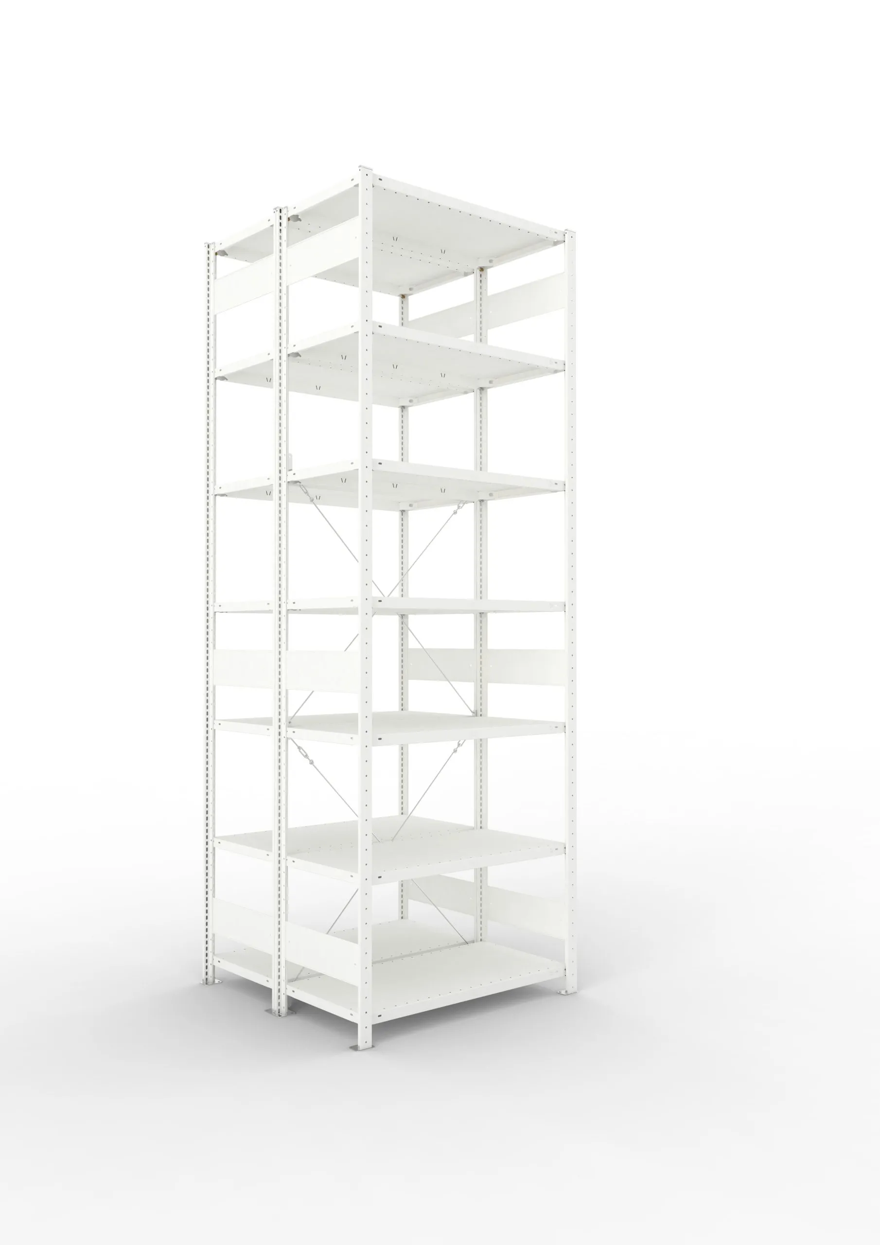 Meta Fachbodenregal Stecksystem CLIP mit vorgefertigten Rahmen | Grundregal | HxBxT 300x100x100cm | 7 Ebenen | Fachlast 150kg | Doppelseitige Bauart mit Diagonalverstrebung | Lichtgrau