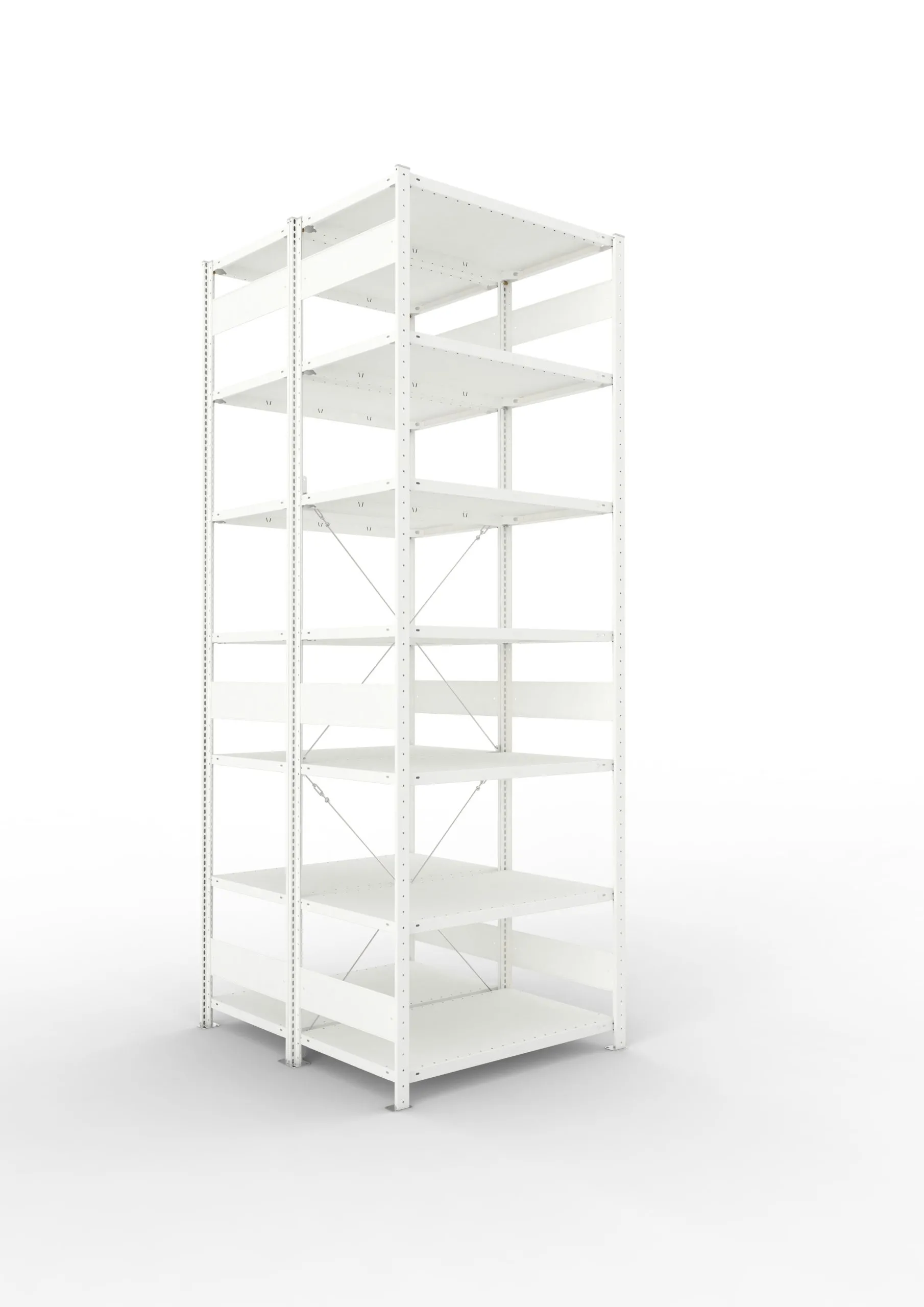 Meta Fachbodenregal Stecksystem CLIP mit vorgefertigten Rahmen | Grundregal | HxBxT 300x100x120cm | 7 Ebenen | Fachlast 150kg | Doppelseitige Bauart mit Diagonalverstrebung | Lichtgrau