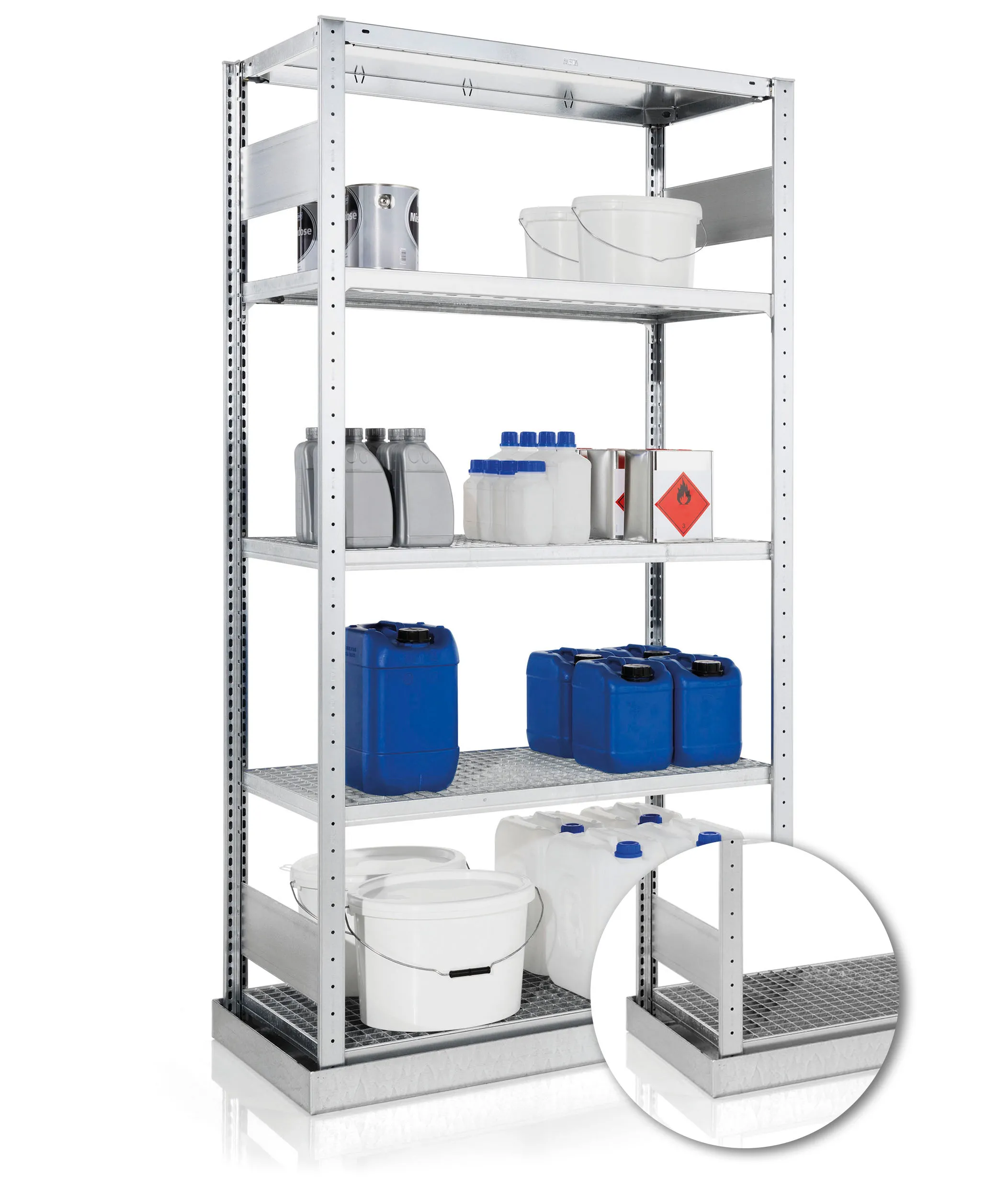 Meta Umweltregale Stecksystem S3 CLIP mit Gitterrostebenen & Auffangwanne | Grundregal | HxBxT 200x100x50cm | 5 Ebenen | Fachlast 150kg | Verzinkt