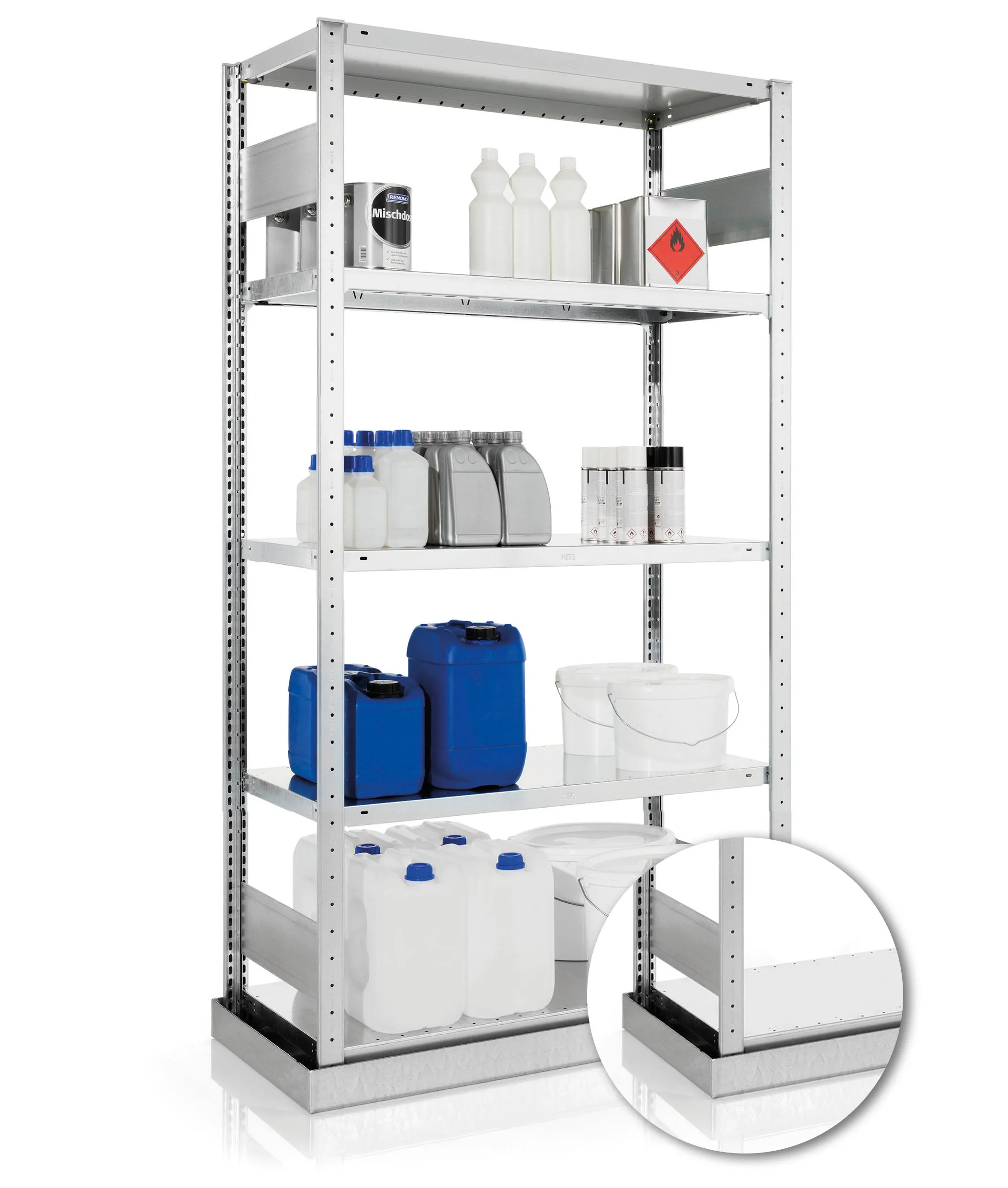 Meta Umweltregale Stecksystem S3 CLIP mit Fachböden & Auffangwanne | Grundregal | HxBxT 200x100x50cm | 5 Ebenen | Fachlast 150kg | Verzinkt