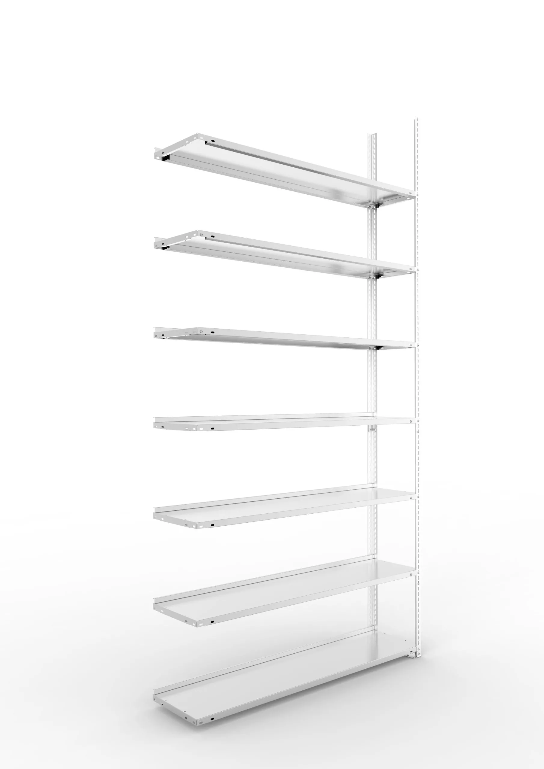 Meta Aktenregal Schraubsystem FIX | Anbauregal | HxBxT 250x125x30cm | 7 Ebenen | Fachlast 80kg | Einseitig nutzbar | Verzinkt