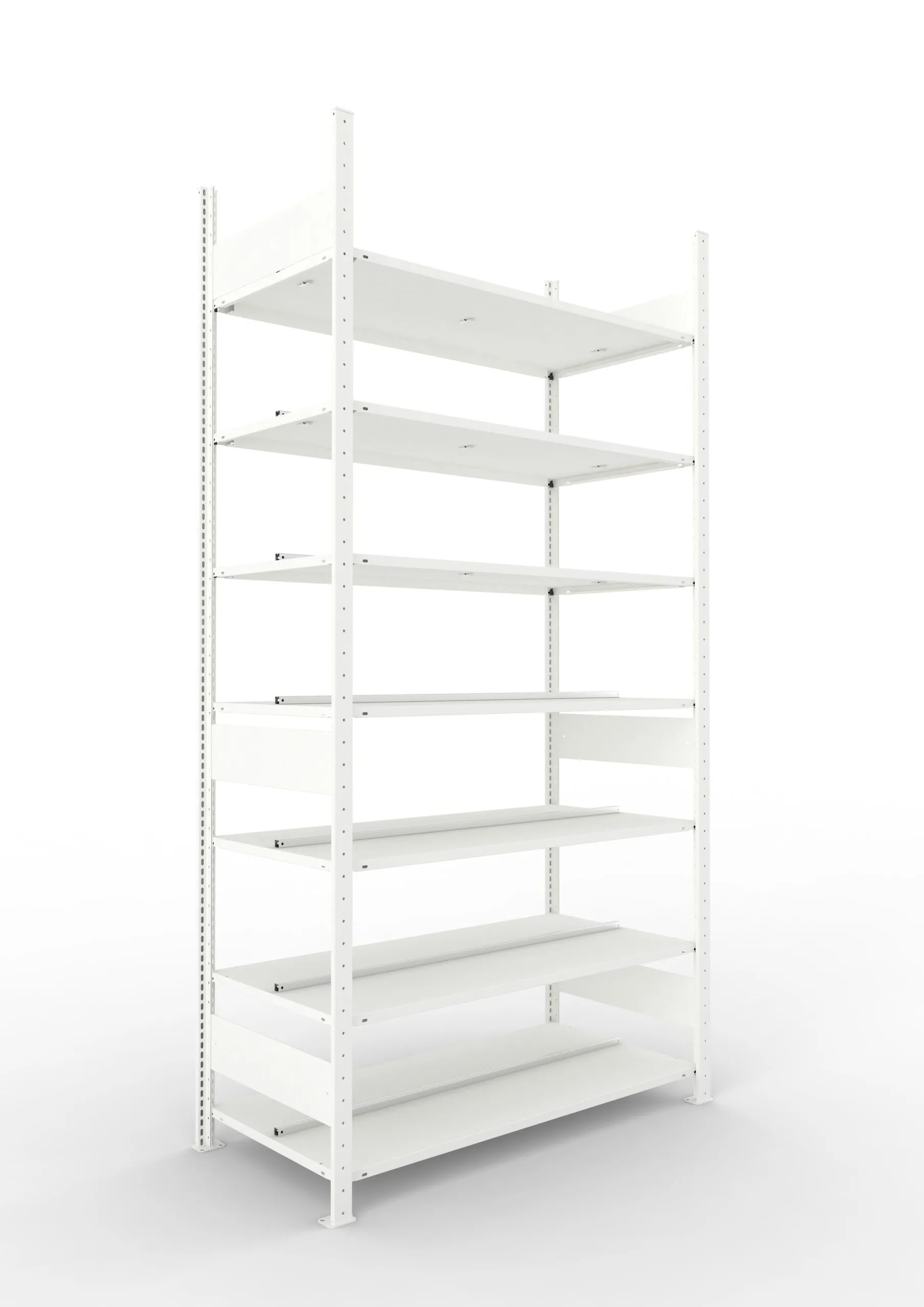 Meta Aktenregal Stecksystem CLIP mit vorgefertigten Rahmen | Grundregal | HxBxT 250x125x60cm | 7 Ebenen | Fachlast 100kg | Beidseitig nutzbar | Lichtgrau