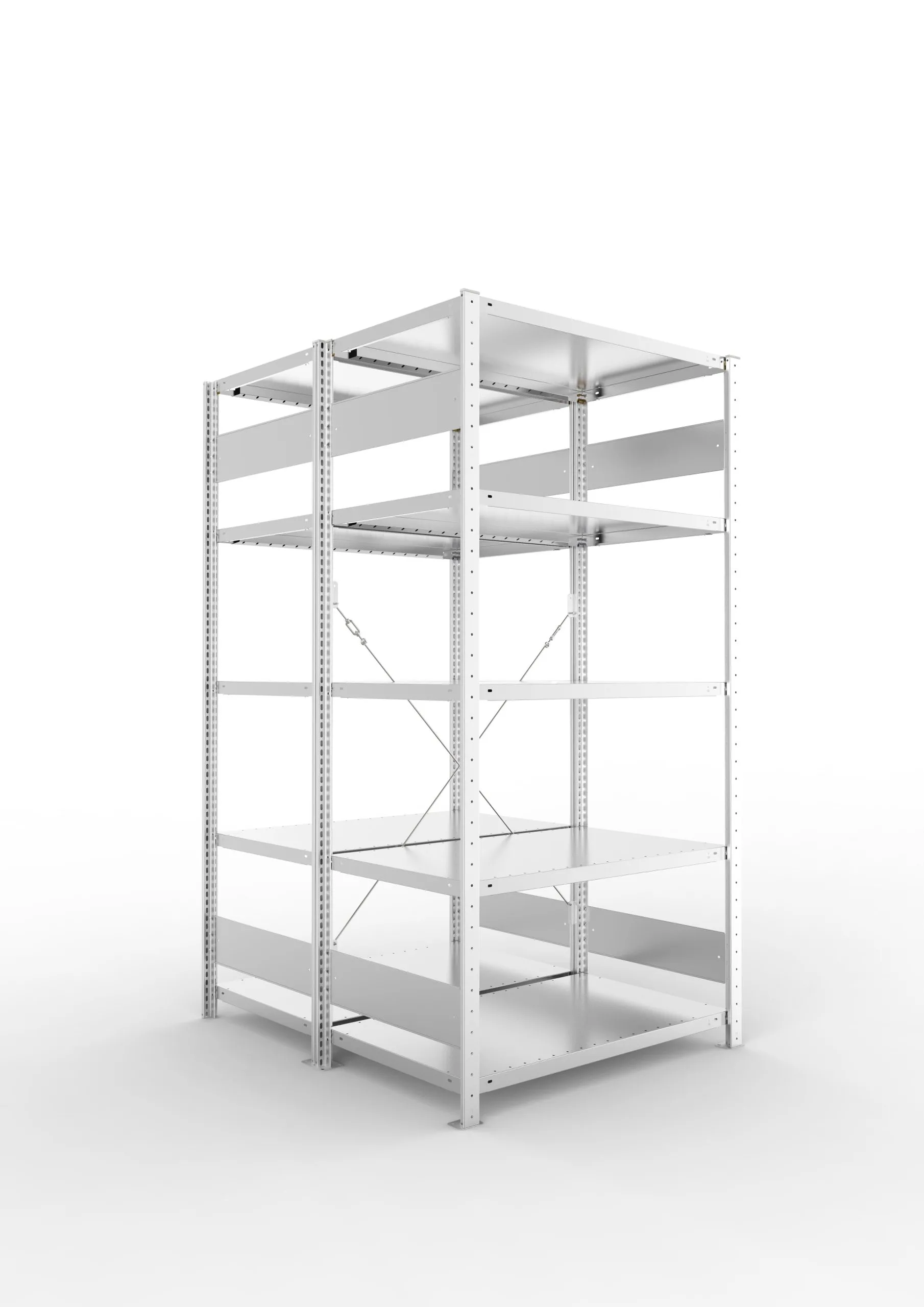 Meta Fachbodenregal Stecksystem S3 CLIP | Grundregal | HxBxT 200x100x120cm | 5 Ebenen | Fachlast 100kg | Doppelseitige Bauart mit Diagonalverstrebung | Verzinkt