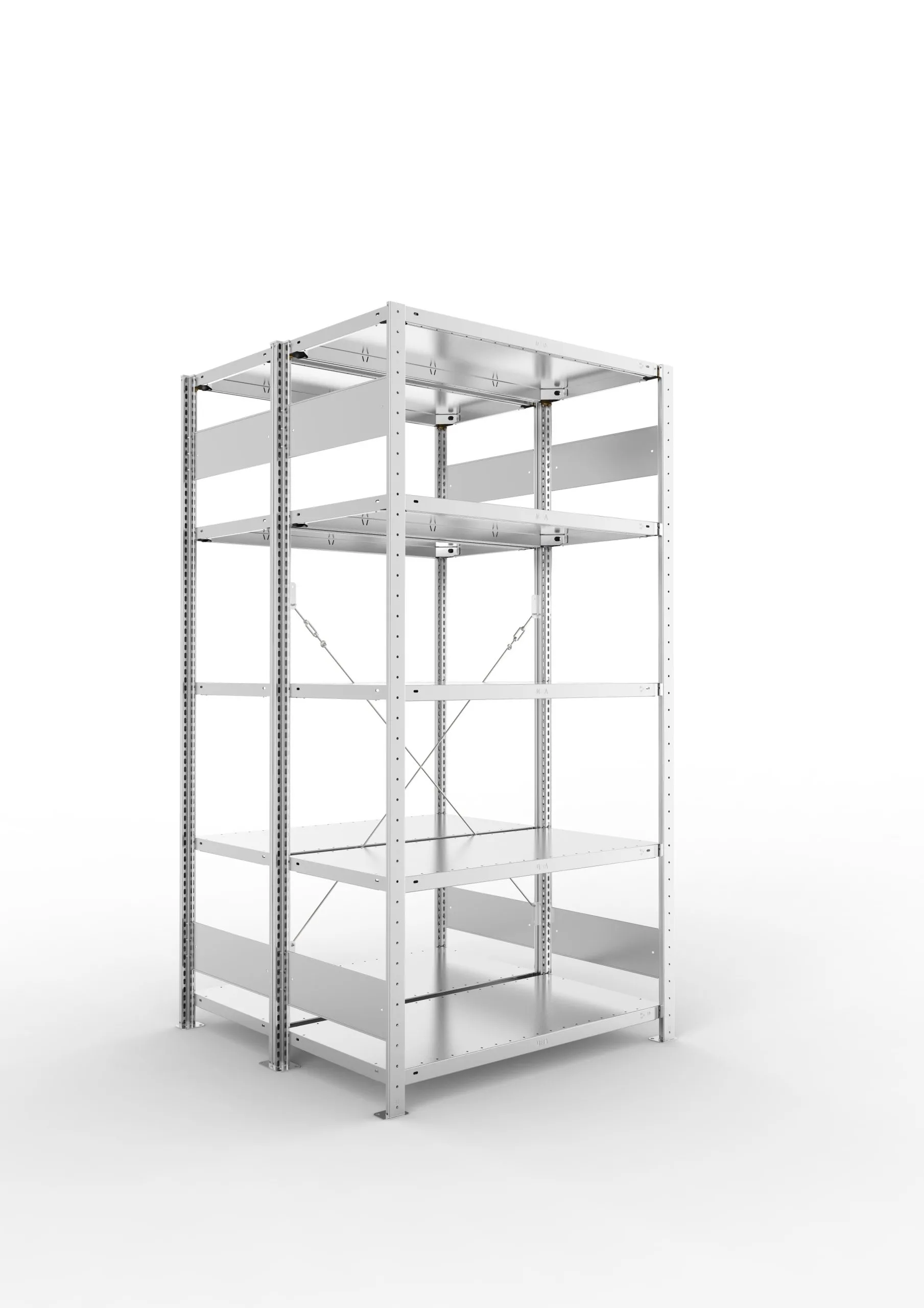 Meta Fachbodenregal Stecksystem S3 CLIP | Grundregal | HxBxT 200x100x100cm | 5 Ebenen | Fachlast 150kg | Doppelseitige Bauart mit Diagonalverstrebung | Verzinkt