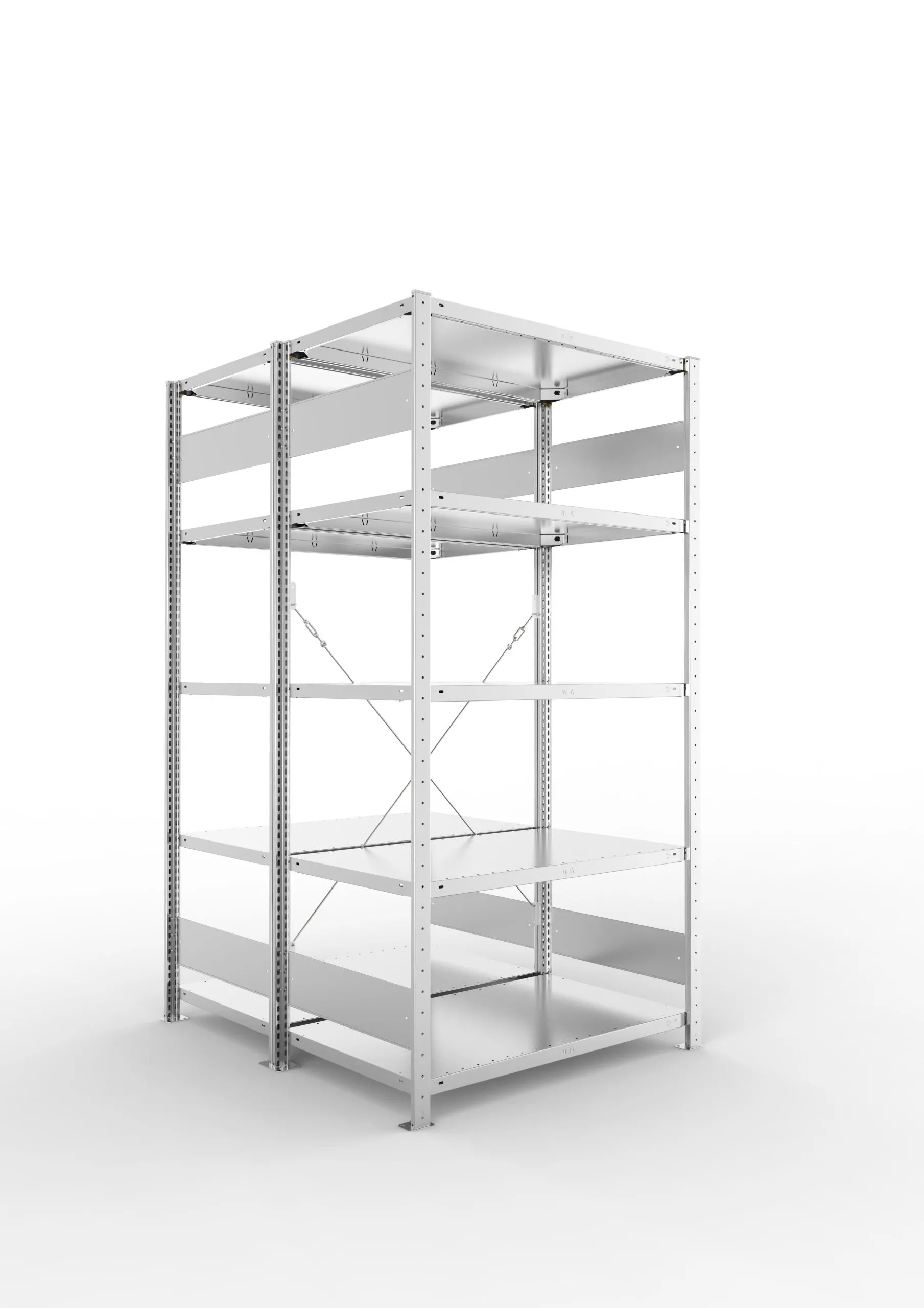 Meta Fachbodenregal Stecksystem S3 CLIP | Grundregal | HxBxT 200x100x120cm | 5 Ebenen | Fachlast 150kg | Doppelseitige Bauart mit Diagonalverstrebung | Verzinkt