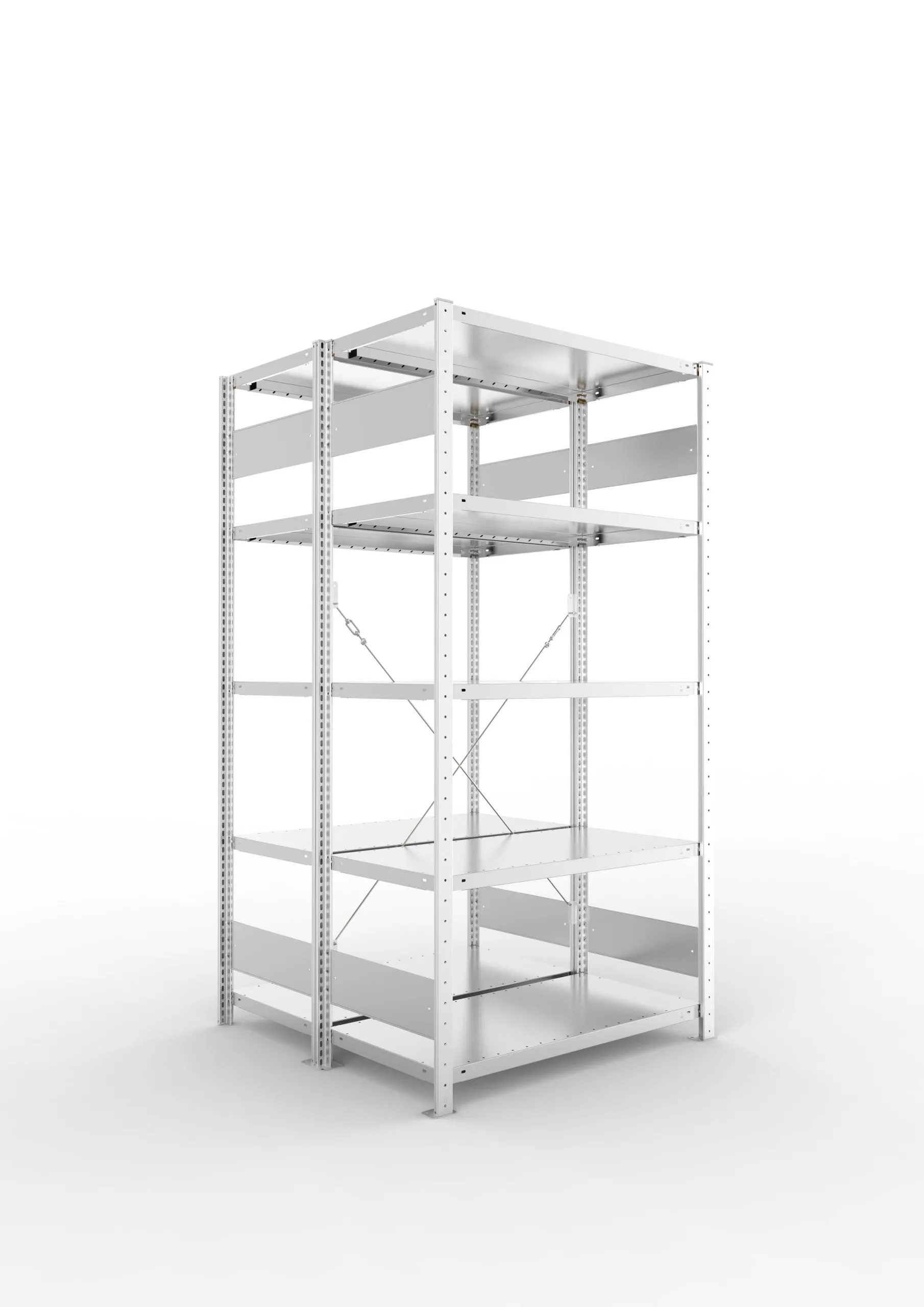 Meta Fachbodenregal Stecksystem S3 CLIP | Grundregal | HxBxT 200x100x100cm | 5 Ebenen | Fachlast 100kg | Doppelseitige Bauart mit Diagonalverstrebung | Verzinkt