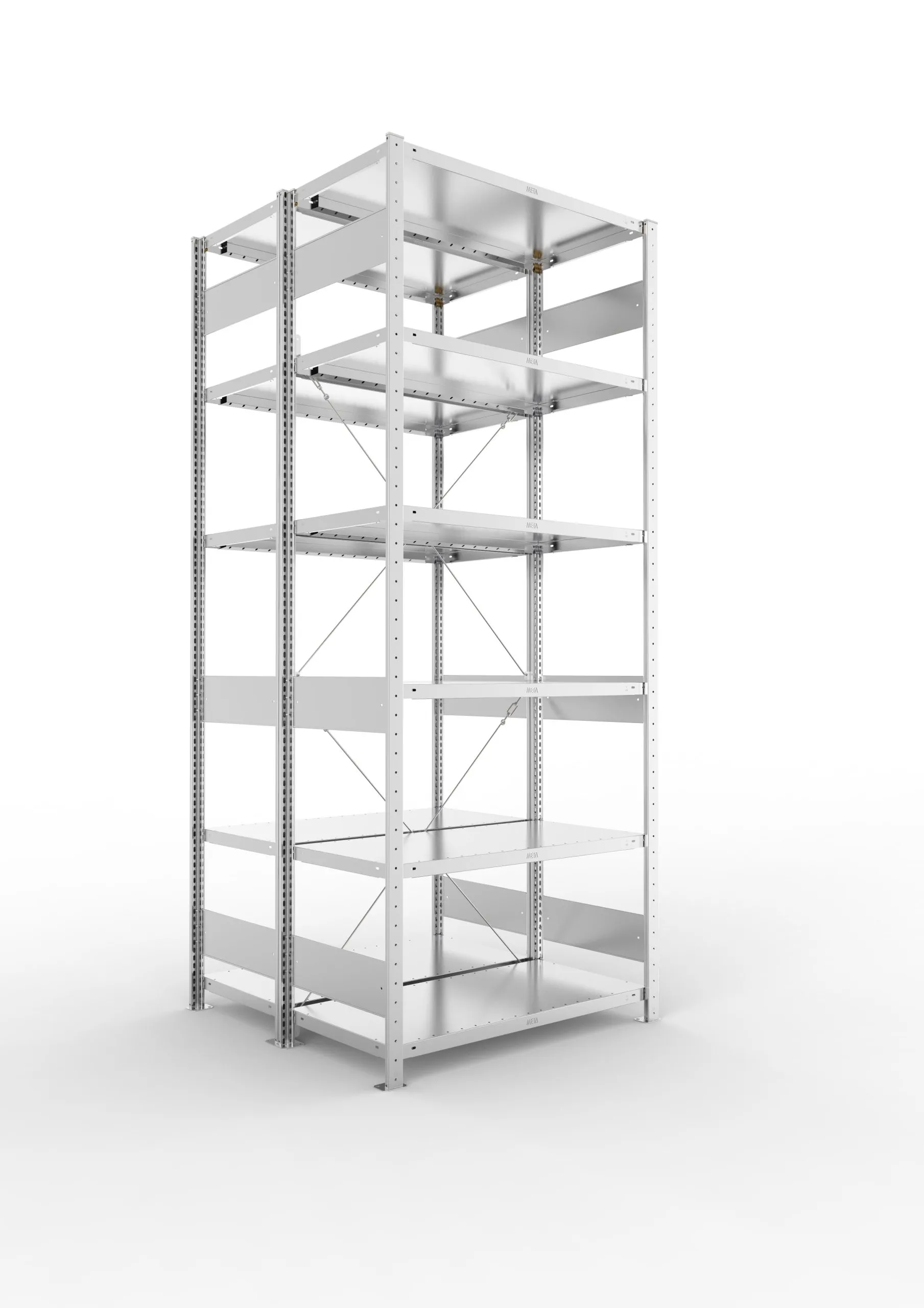 Meta Fachbodenregal Stecksystem S3 CLIP | Grundregal | HxBxT 250x100x100cm | 6 Ebenen | Fachlast 100kg | Doppelseitige Bauart mit Diagonalverstrebung | Verzinkt