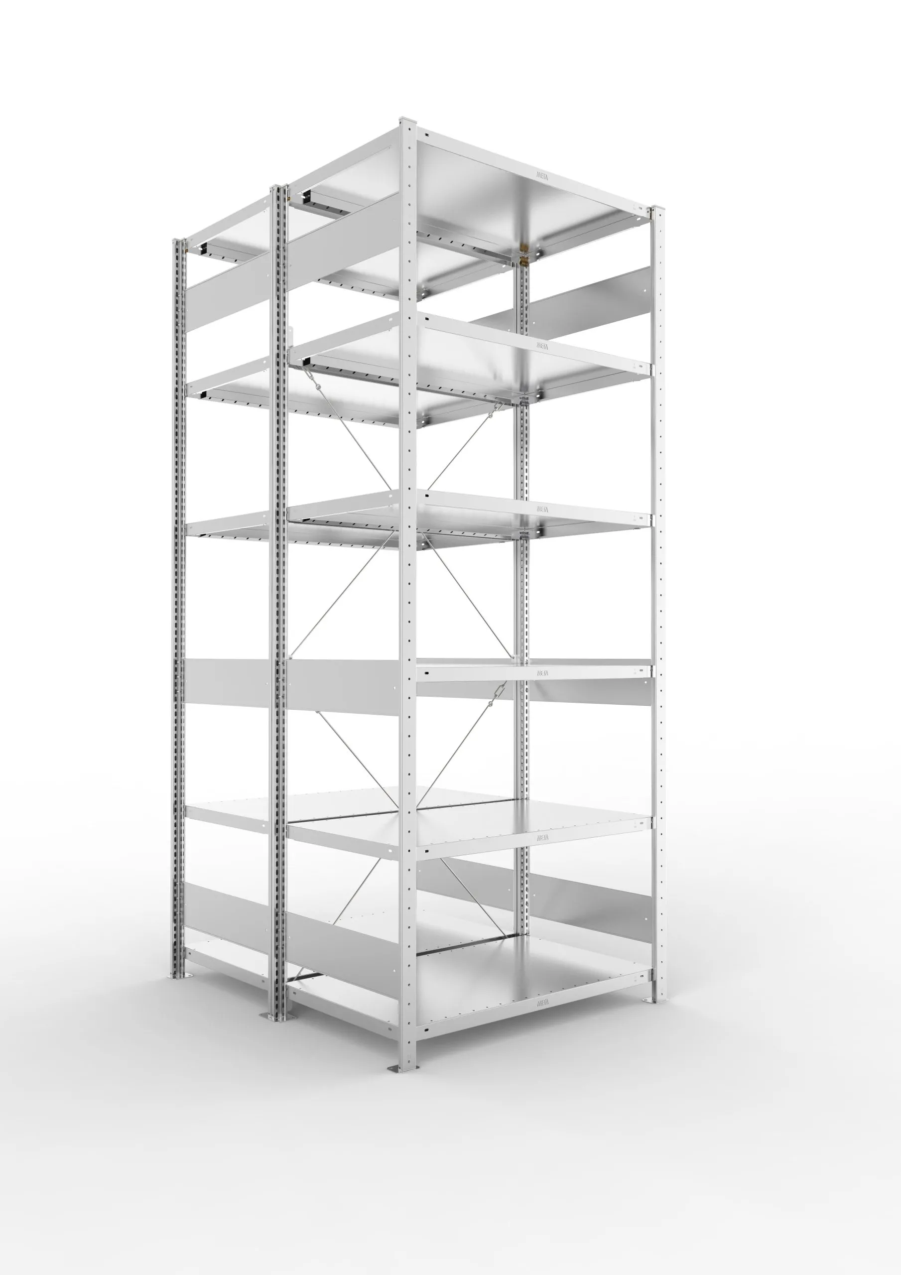 Meta Fachbodenregal Stecksystem S3 CLIP | Grundregal | HxBxT 250x100x120cm | 6 Ebenen | Fachlast 100kg | Doppelseitige Bauart mit Diagonalverstrebung | Verzinkt